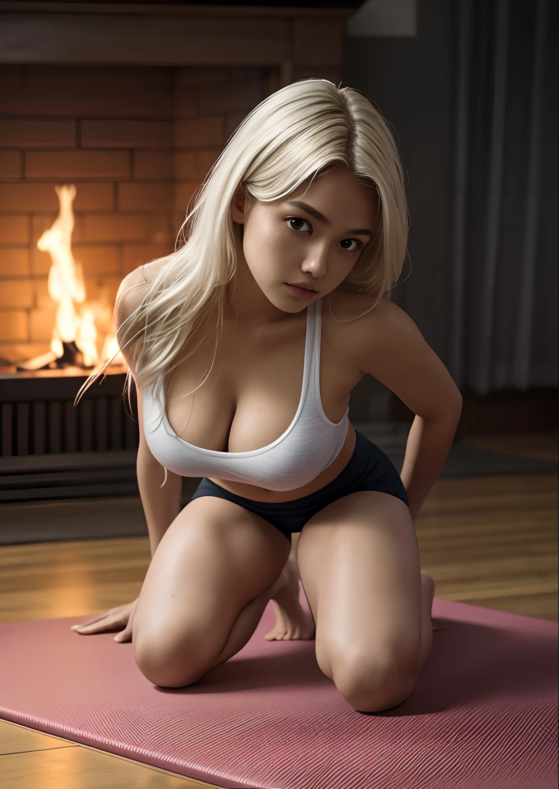 1girl in, age19, Solo, Aesthetic artwork, platinum blonde hair, long straight hair, detailed hair, full c cup breasts, c-cup, slender body, Full body, detailed skin texture, on a yoga mat doing stretches, yoga, stretches, downward dog, exercise top, short shorts, short legging, (extremely detailed 8k wallpaper), soft lighting, high quality, film grain, Fujifilm XT3 sharp focus, f 5.6, 50mm, High Detail, Sharp focus,(fire light), (seductive), Realistic, ultra realistic, photo realistic