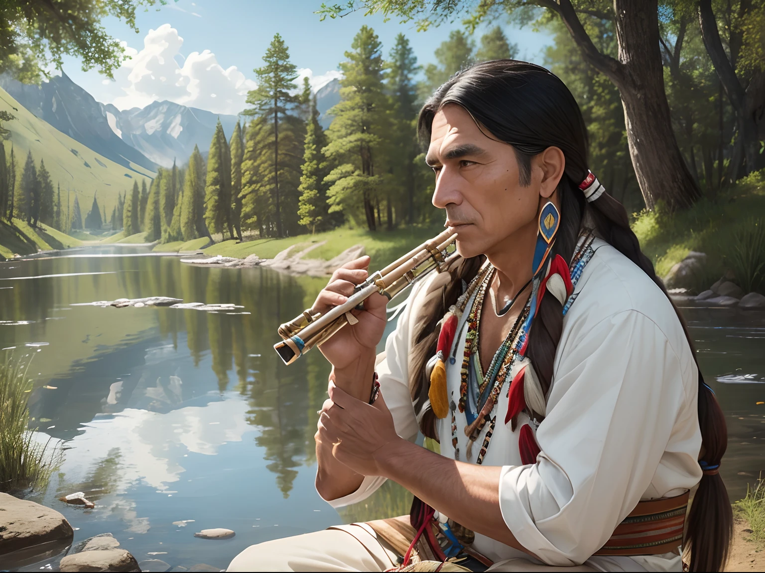 mature native american indian male, man,sat near river,playing a flute,beautiful wind instrument,detailed eyes,beautiful detailed lips,extremely detailed face,masterpiece:1.2,ultra-detailed,realistic:1.37,portraits,landscape,vivid colors,hazy sunlight,gentle breeze,peaceful atmosphere,traditional attire,feathers in hair,tribal markings,reflection in water,surrounded by nature,pure joy in expressions,calming melody,tranquility,historical significance