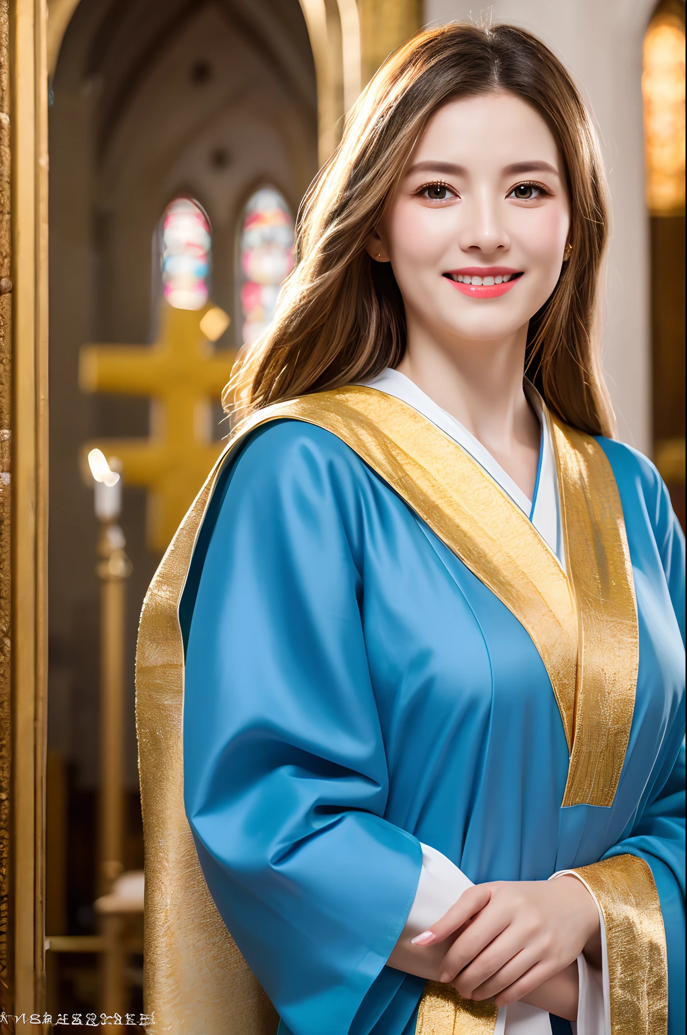 8K、The highest quality of photorealistic RAW photos。1.4) (1 Mature Saint) Super beauty(lifelike face) Wear a blue and white sacred robe Silver staff with golden decoration Long blonde hair and blue eyes Smiling clergy Beautiful look ,Saint white costume,Golden Decoration Ultra High Resolution Ultra Realistic Skin Inside Church
