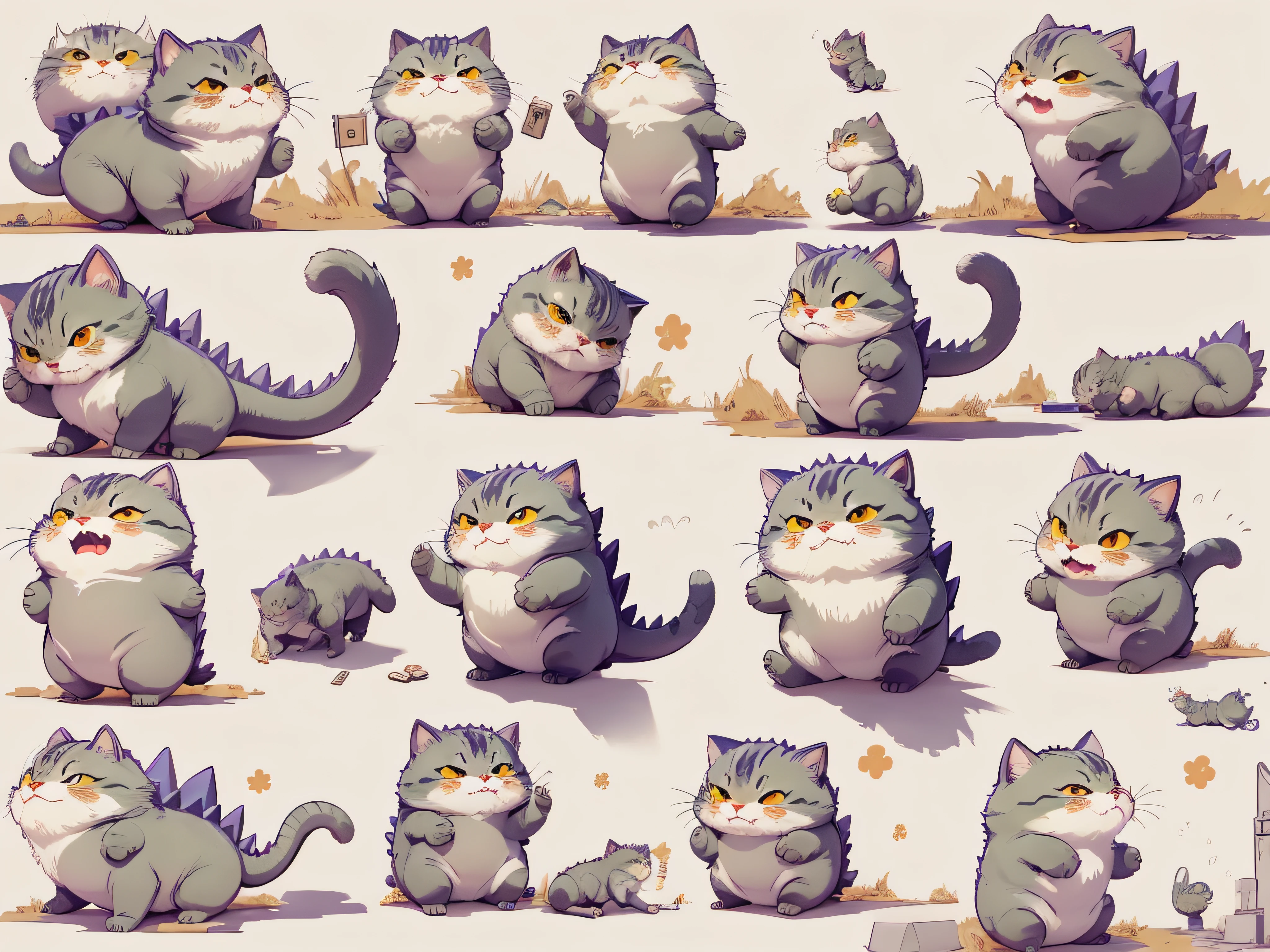 Cute cat, standing, cute, wearing Godzilla costume, chibi, full body, character sheet, various angles, white background, various poses, various expressions, crying, laughing, dynamic poses, consistent character, picture book style, Ghibli wind, cute, white background