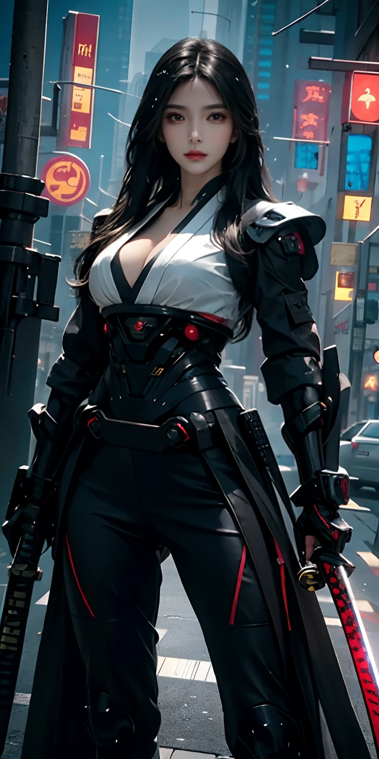 photorealistic, high resolution, soft light,1women, solo, hips up, (detailed face), black long hair, cybersamurai, cyborg, cyberpunk, cyber armor, holding weapon,glowing,on the street , kimono , sniper looking at the target, katana