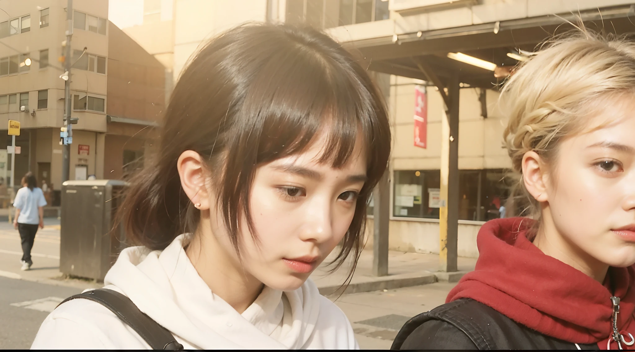there are two young people walking down the street together, a boy with pink-black hair, artwork in the style of guweiz, hyper realistic, photorealistic, High quality image, masterpiece, detailed hair texture, detailed skin texture, detailed cloth texture, 8k, add fabric details, ultra detailed skin texture, ultra detailed photo, skin pores, cloth details, high skin details, realistic hair details