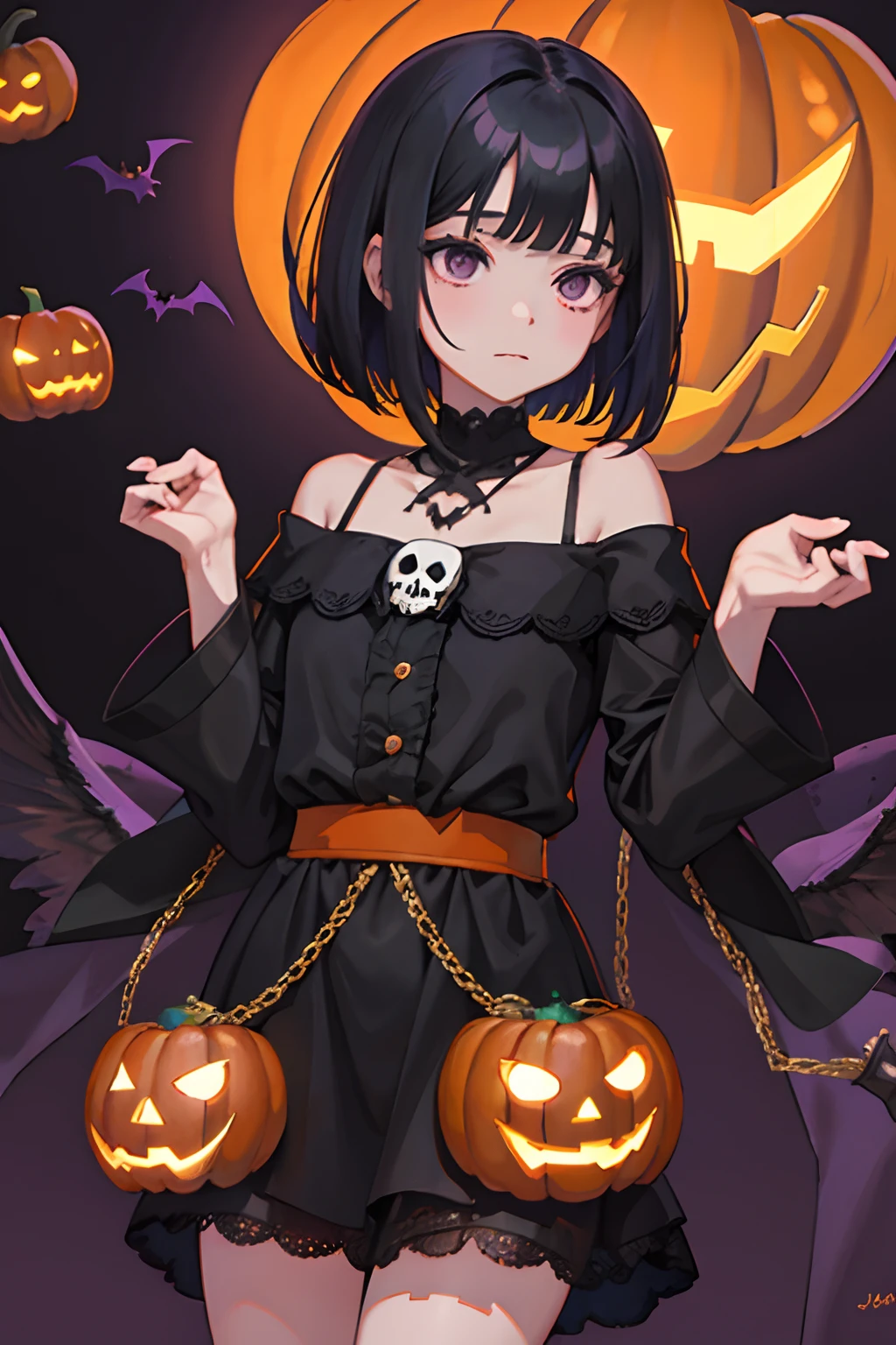 Sleepy look，(child:1.2)，（​masterpiece，Highest Quality），A dark-haired，Medium bob，witch outfit，Halloween，Jack-o'-lantern，pumpkins，skull，ghosting，embarrassed from，be shy，purple backdrop