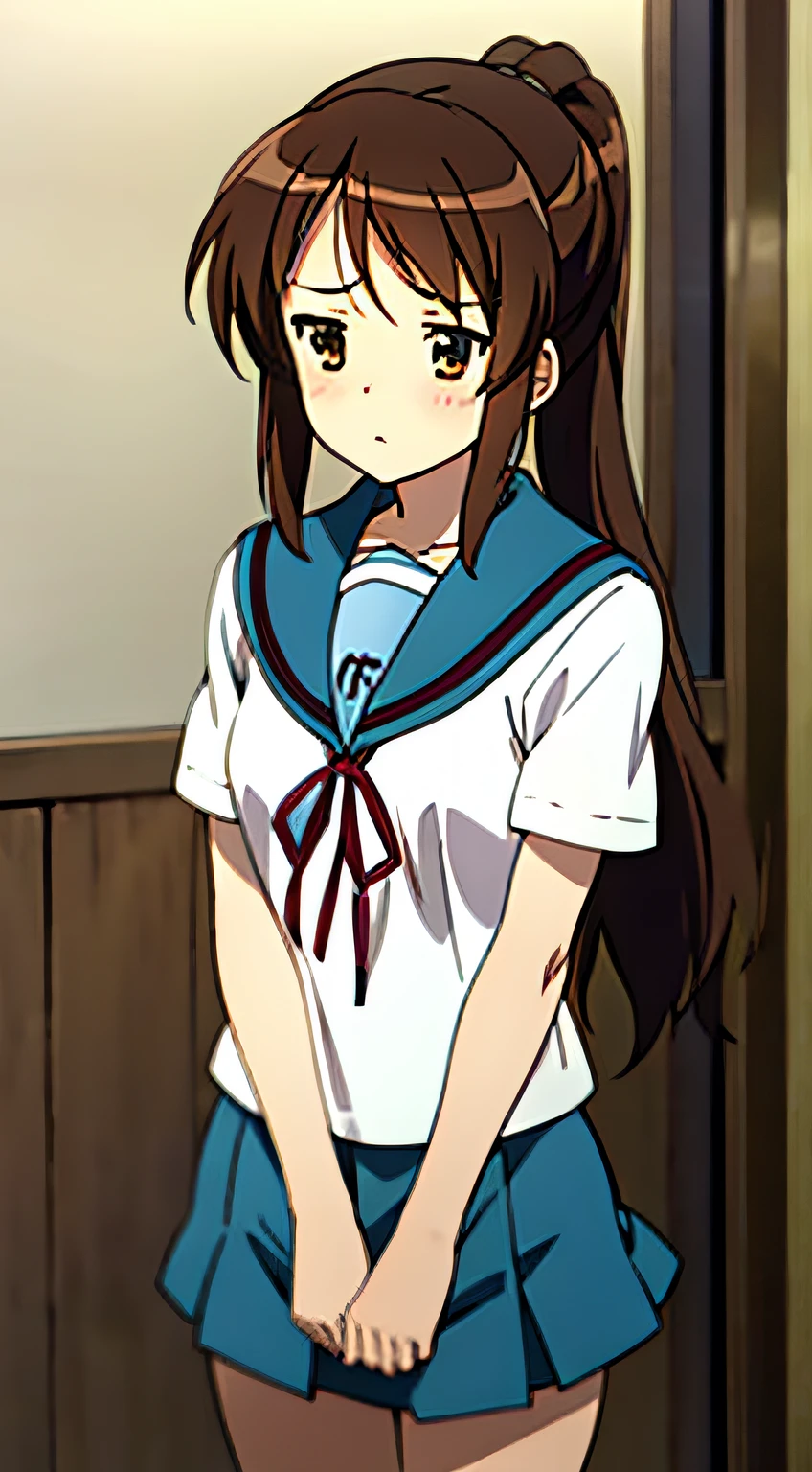 kyoani style, anime style, best quality, 4k, masterpiece, standing girl, 1 girl, solo, 1 schoolgirl, upper body, (front angle), looking at camera, brown hair, ponytail hairstyle, brown eyes, [empty eyes], [[sleepy eyes]], looking away, [short girl], (flat breast:1.25), [suzumiya haruhi], sailor uniform, tucked sailor uniform into skirt, (blush), (wind lift:1.5), uniform skirt flapping