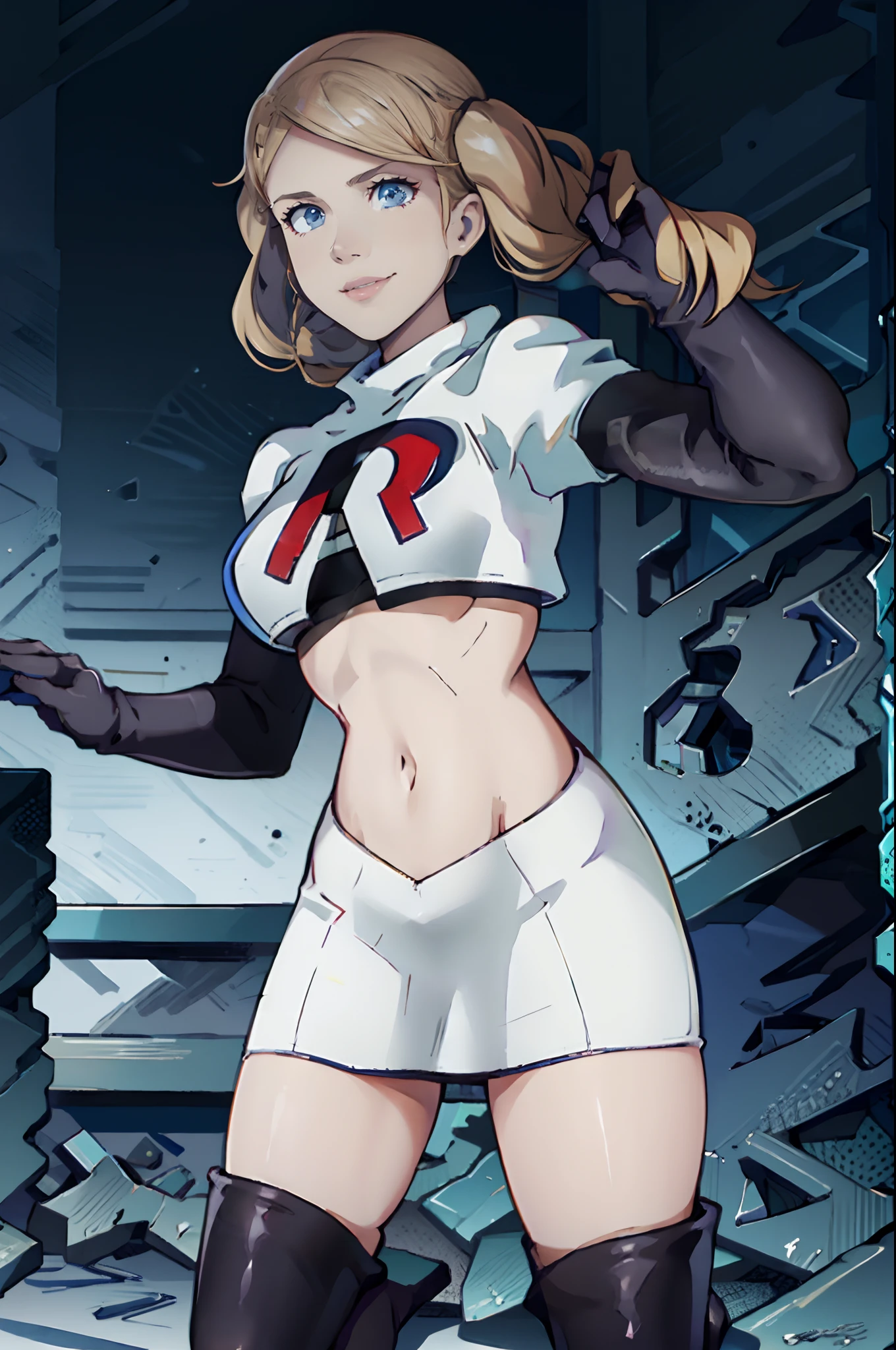 AnnTak,1girl,team rocket,team rocket uniform,white skirt,white crop top,black thigh-highs,black elbow gloves, evil smile