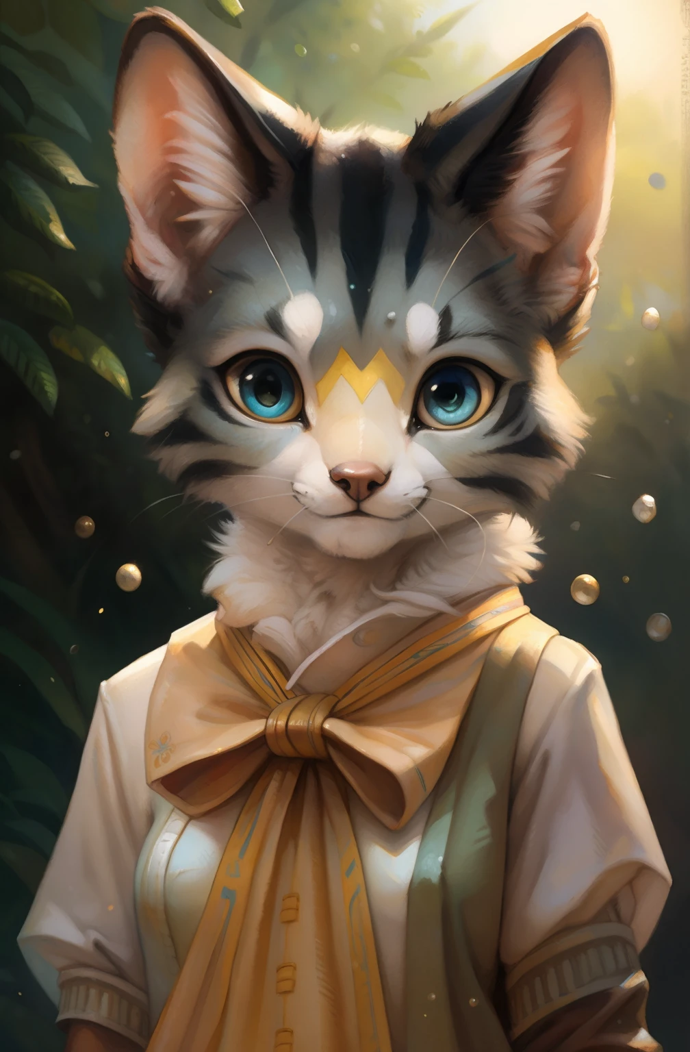 by Kenket, by totesfleisch8, (by thebigslick, author:Silver Fox 5213:0.8), (By Syuro:0.2), (by Qupostuv35:1.2), Depth of field, Perfect lighting, Light particles, puff_Sam,1girll, Furry, Masterpiece, Best quality, Solo, fur, (Detailed eyes), ojou-sama pose, waterfallr, angle of view, Dusk, cropped arms, china dress, a cat tail, Upper body,grey tabby cat,The forehead has a yellow M pattern,greene eyes