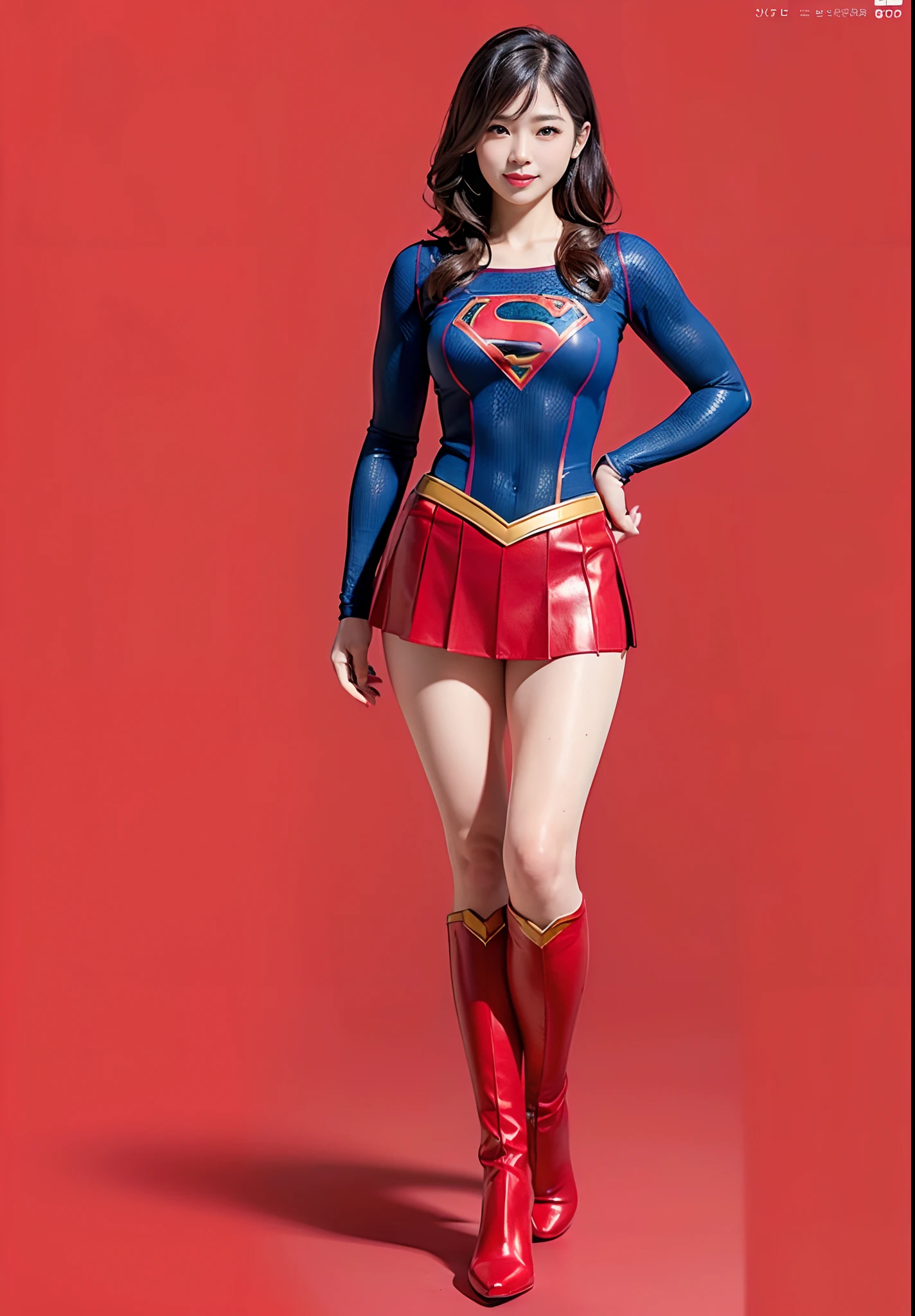 (((Wear black tights on your beautiful legs.)))、(((Grow legs、tall、beauty legs)))、(((facial expression of smile)))、((((Make the most of the original image)))、(((Supergirl Costume)))、(((beautiful hairl)))、(((Suffering)))、(((Feet must necessarily be worn with black tights)))、(((You need to wear red boots)))、((Top image quality、8K))、((top-quality、8K、​masterpiece:1.3))、(((Keep your background simple)))、Crisp focus:1.2、Beautiful woman with perfect body shape:1.4、Slender Abs:1.2、a wet body:1.5、Highly detailed facial and skin texture、8K