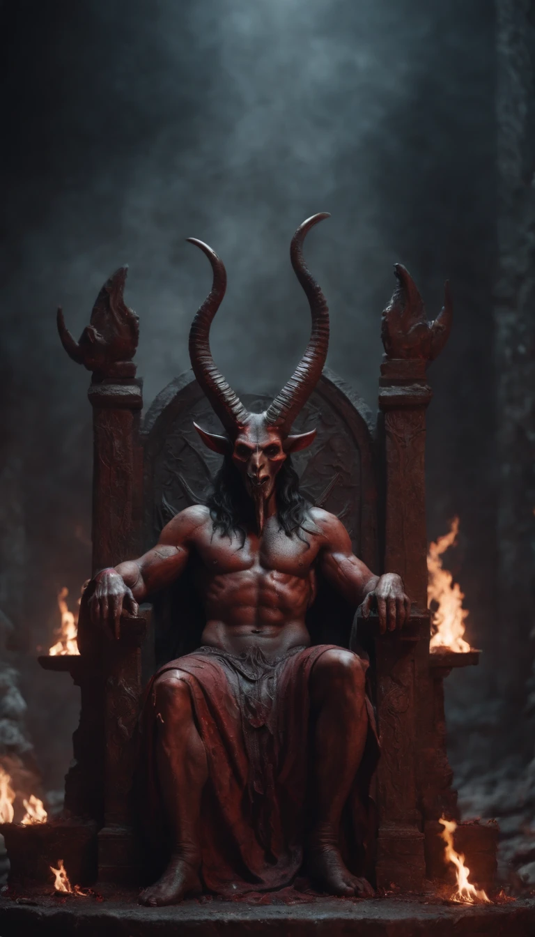 Baphomet sitting on his throne in hell with bloodied ground