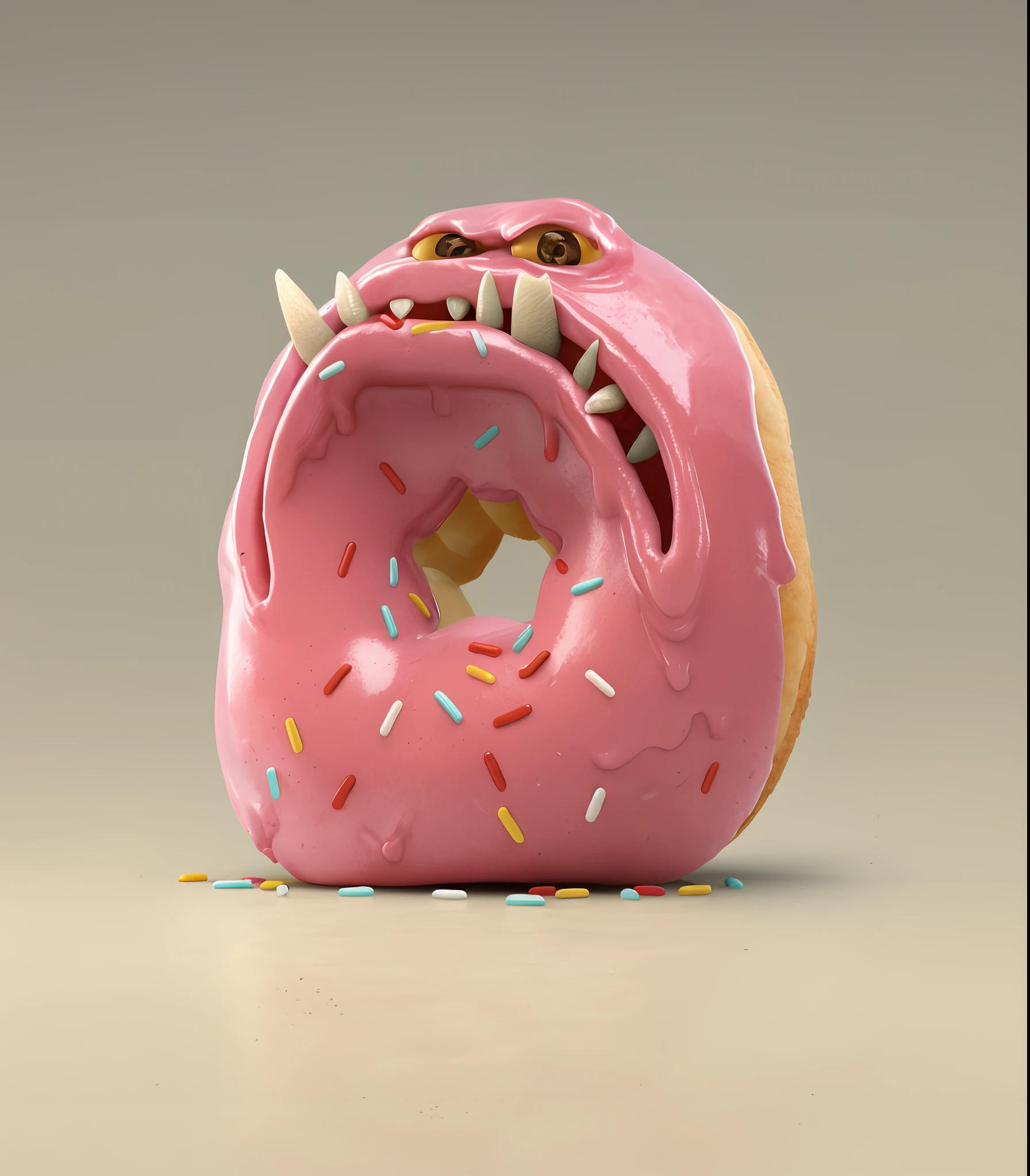 There's a pink doughnut with sprinkles and a tooth, O Donut Poderoso, Donut, ultra realistic 3d illustration, hyper realistic 3d rendering, tutorial do Donut liquidificador, Donut liquidificador, comer uma rosquinha, 3 d render hiper realista, Greg Rutkowski. octan render, hyper realistic render, rosa rosa rosa fosco Donut, hyperrealistic illustration, 3 d epic illustrations, hyper real render