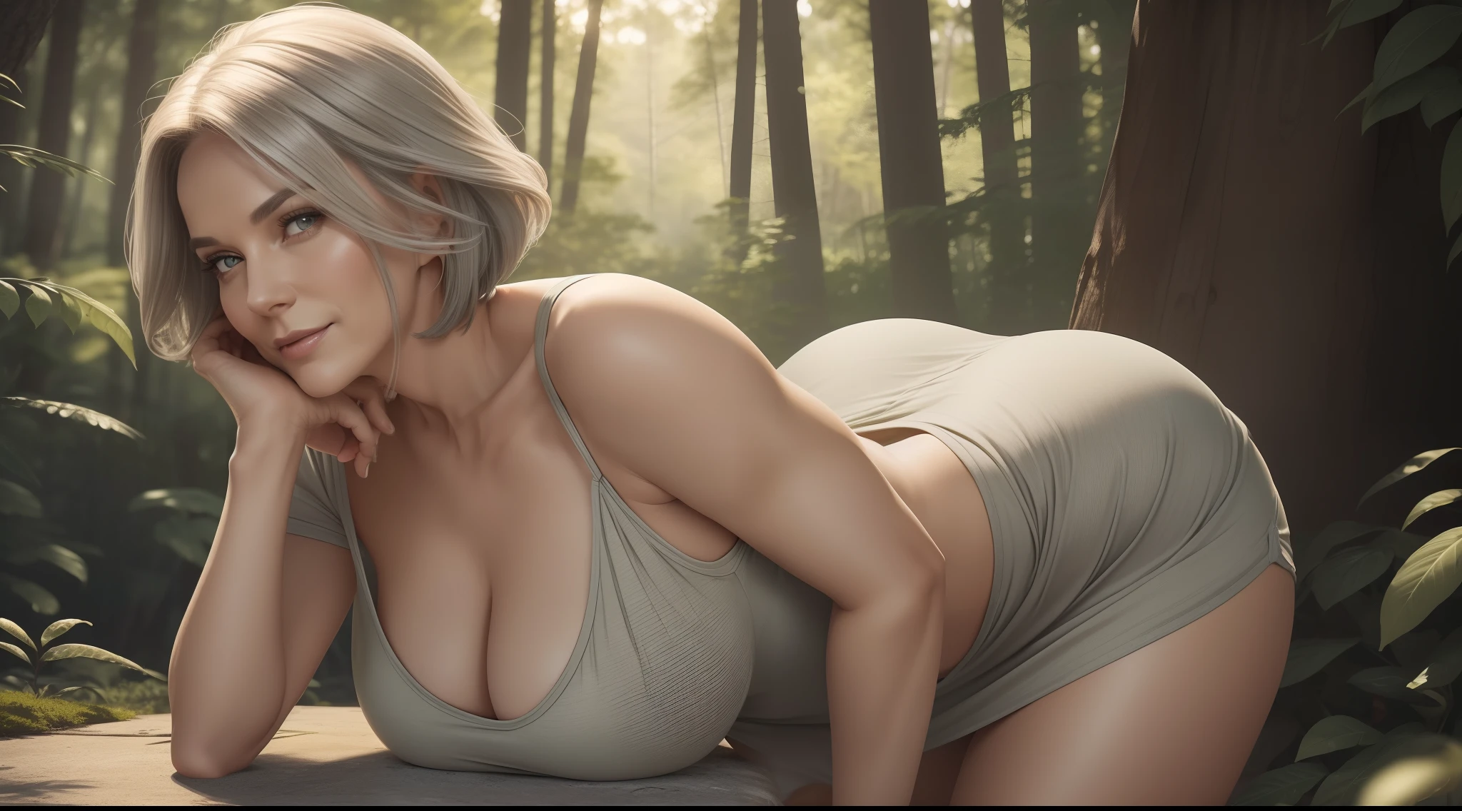 (((Accurate anatomy))). Older woman bending over. Grey hair. (((Posterior View))). Large breasts. Very big BBL butt. (((Accurate Face))). (((Accurate hands))). (((Accurate limbs))). Light smile, teeth. Sexy pose. (((Sexy short dress))). Seductive gaze. Prominent butt. Lot of wrinkles on her face, detailed wrinkles. SFW. Sexy. Golden hour lighting. f 1/500. Immersive background. (((Acrylic illustration))).
(8K, high resolution, ultra high-definition, ultra-high picture quality, Ultrarealistic, Best Quality, masterpiece piece:1.2)
Elsie. Elegant woman aged 60 from Stockholm, Sweden. ((Gorgeous model)). Medium full shot. Shoulder-length grey hair. Hairstyle is a sleek Swedish bob. Earthy tones of green and brown attire. Short Skirt and Blouse. Pastel overtones. Background is a peaceful Swedish forest, illuminated by dappled sunlight and filled with fragrant pine trees. Ultra photorealistic. Intricate details.