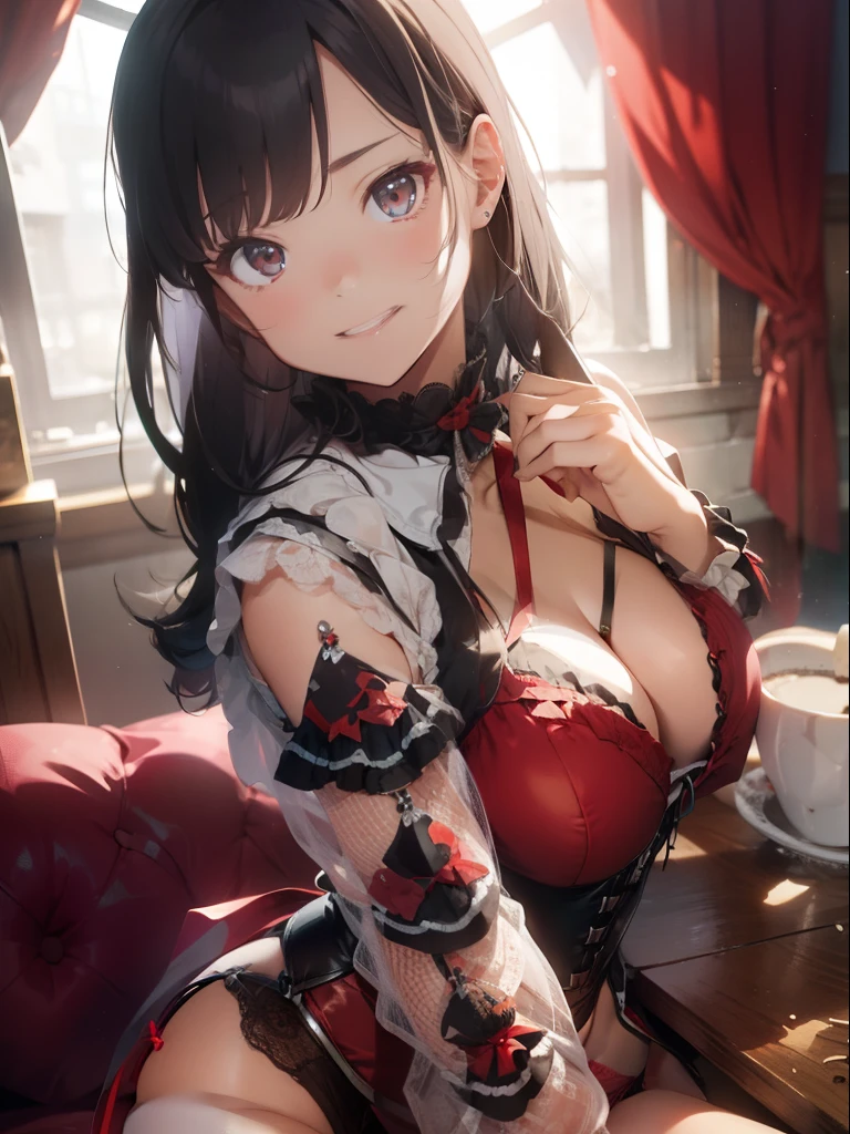 ultra-quality, ultla highres, Hyper Detailed, High contrast, Ultrafine Strike, creative refinement,A dark-haired, ssmile,Red corset,Red garter belt, Show Pub