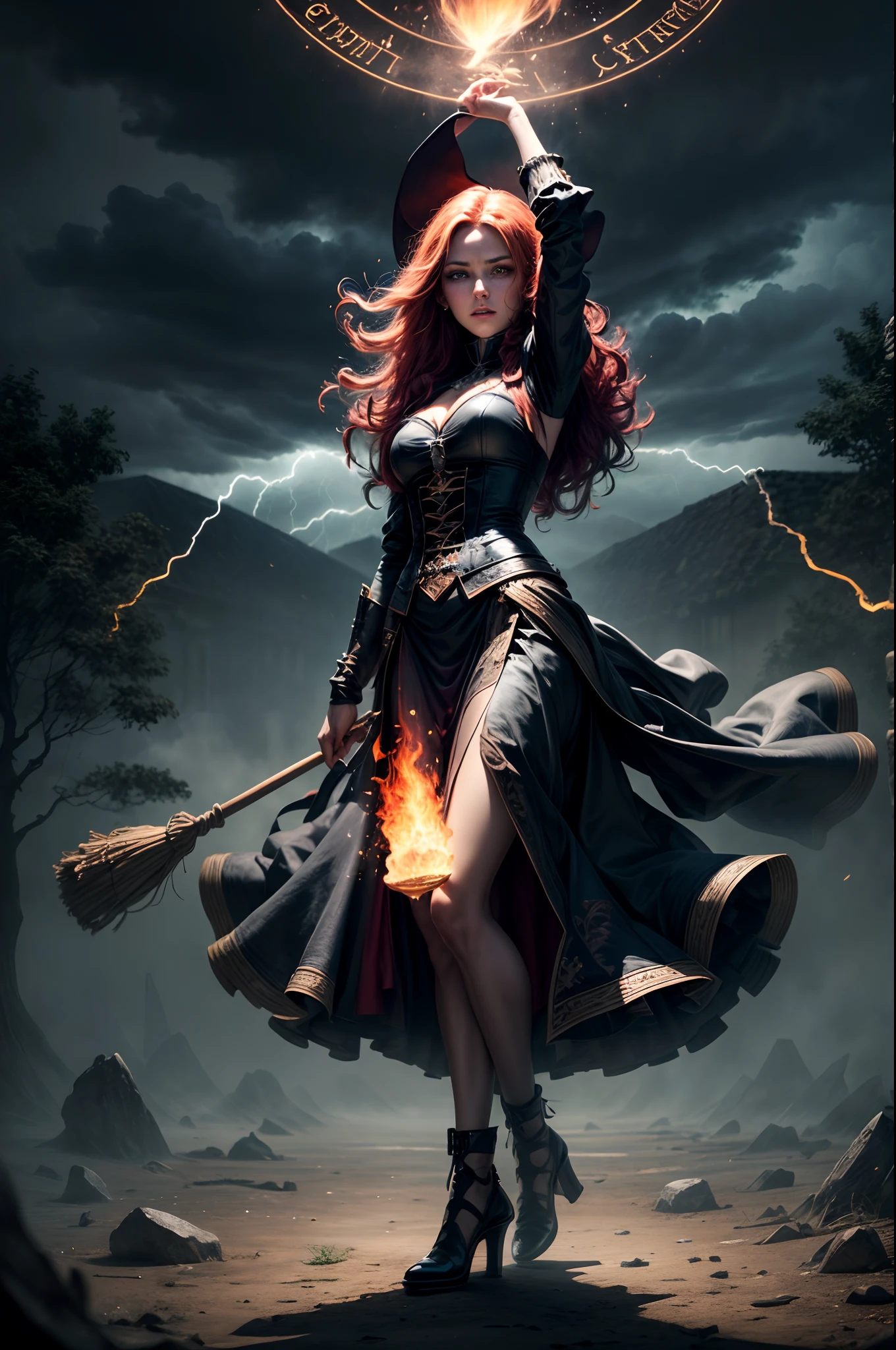 "(best quality,4k,8k,highres,masterpiece:1.2),ultra-detailed,(realistic,photorealistic,photo-realistic:1.37),redhead,very long hair,green eyes, ((perfect eyes)), witch,fire,stormy atmosphere,magical tower,mystical forest,moonlight shining through trees,spellbook,cauldron,broomstick,dark cloak,glowing runes,flying sparks,glimmering flames,casting a spell,enchanted sky,colorful potions,rumbling thunder,crackling lightning,casting a magic circle,hauntingly beautiful,dancing shadows,minimalist style,vivid colors,dramatic lighting"