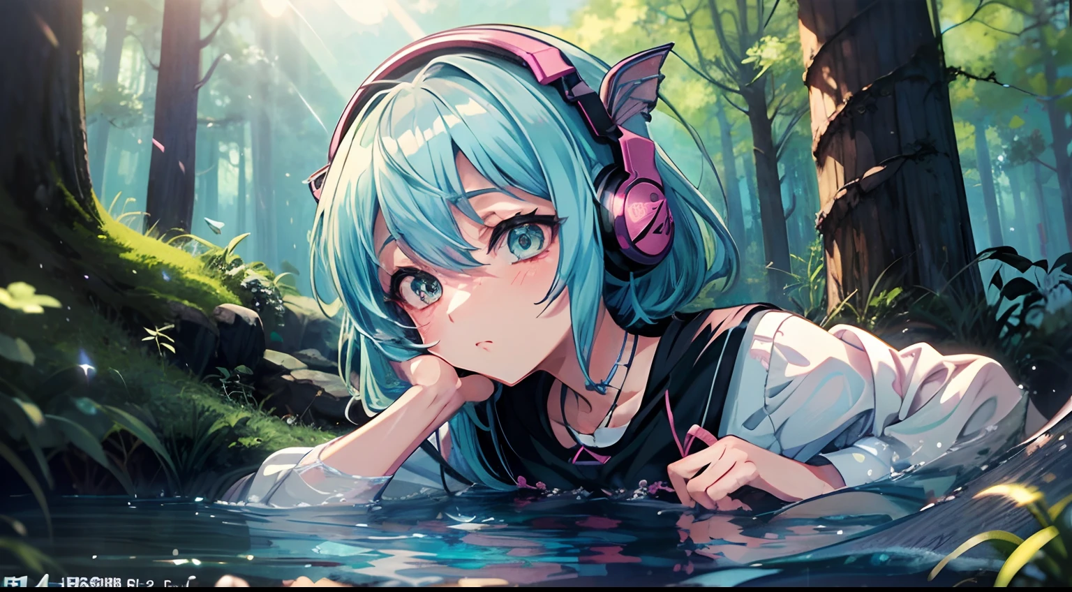 mermaid beautiful caudal fin　lightblue hair　Tsundere　headphones　in woods　izumi　Sunlight　anime style 4 k, Anime style. 8K, anime moe art style, Mikudayo, official artwork, lofi-girl, lofi artstyle,, sayori, anime vibes, Anime style mixed with Fujifilm, digital anime illustration, anime wallpaper 4k