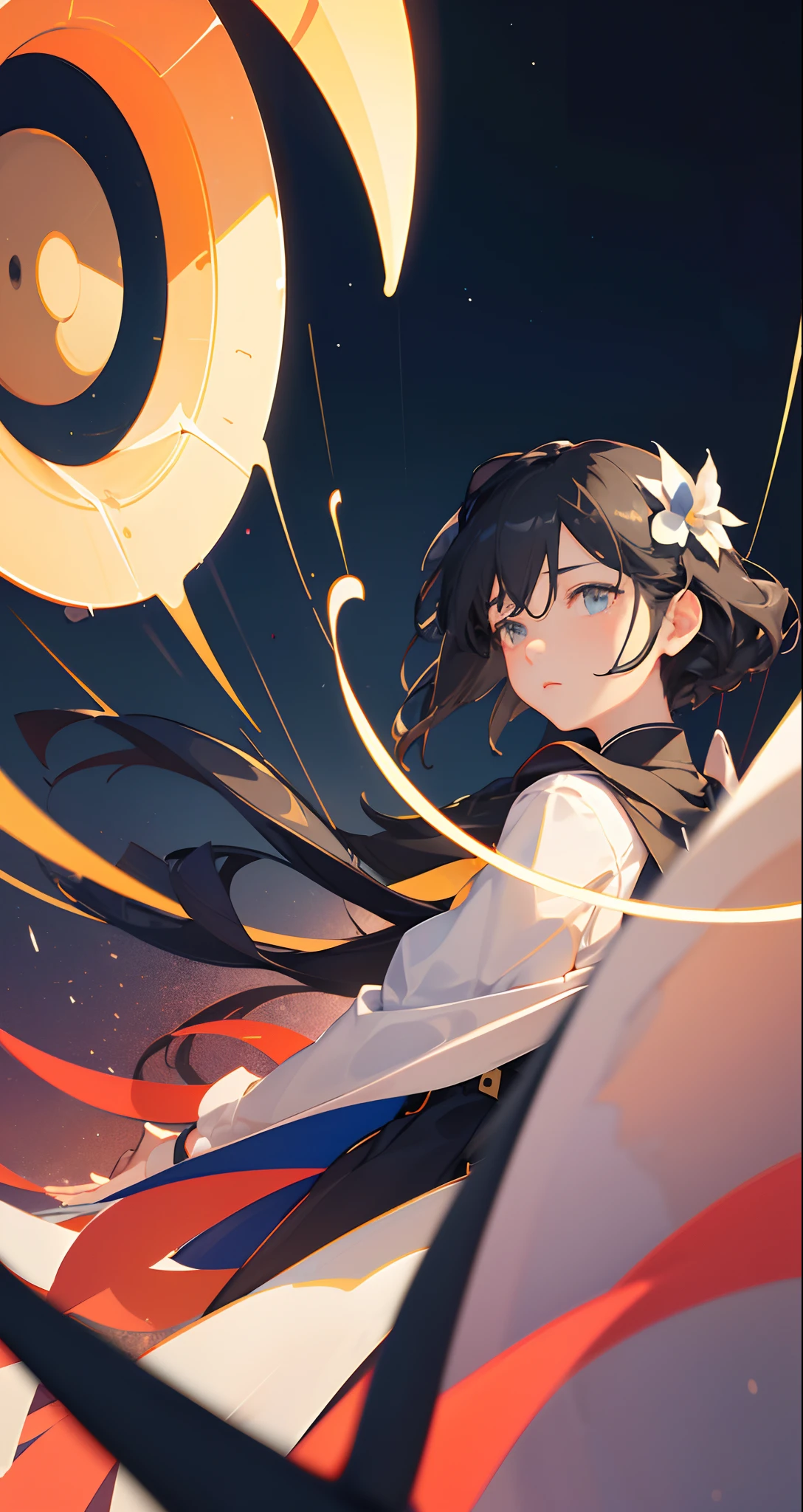masterpiece、top-quality、Movie stills、One girl、Floating in the night sky、(a closeup:1.1)、with light glowing、A delightful、Mysterious lighting、(Bauhaus、form、Line、abstracted:1.1)、Skysky、stele、natta