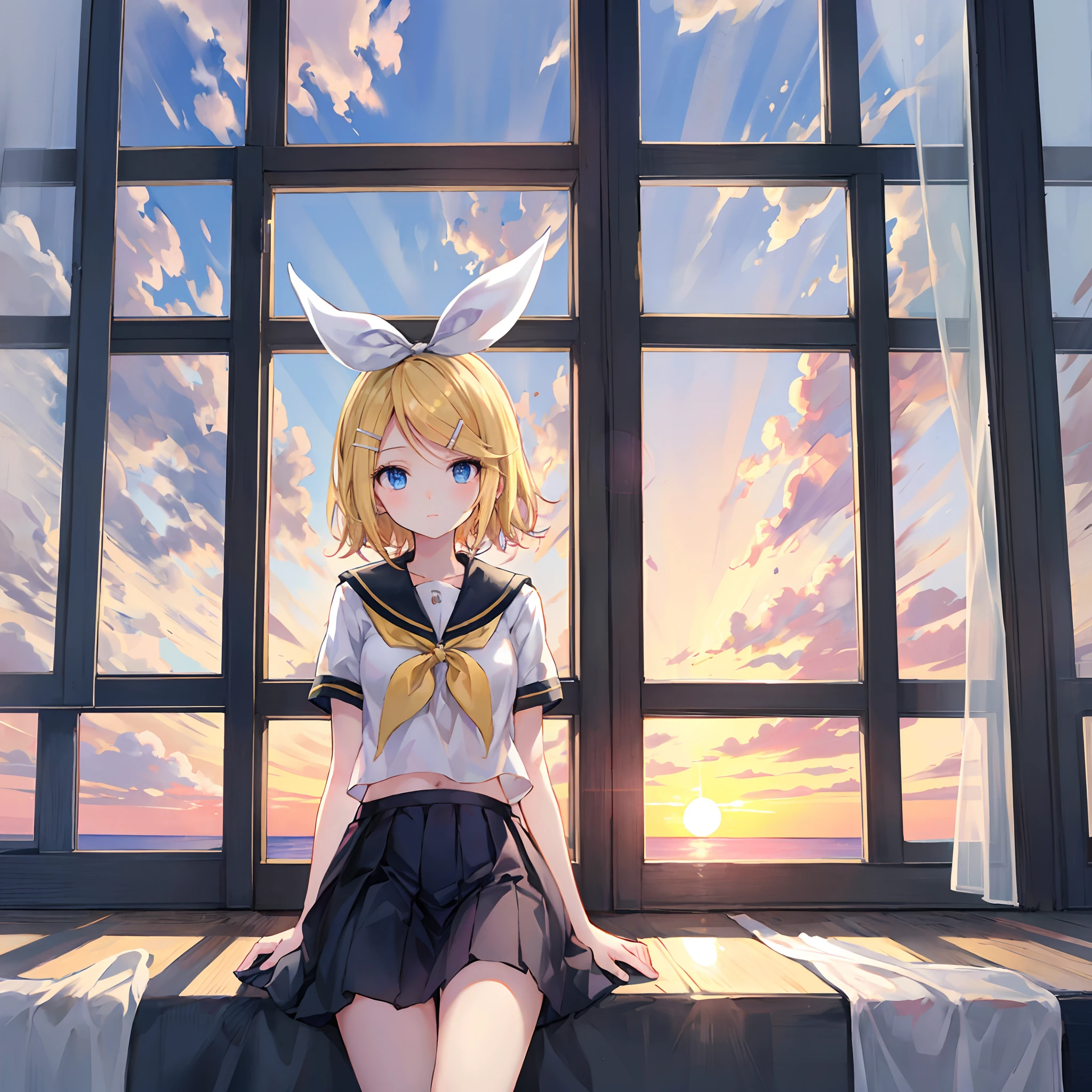 Kagamine Rin , por rubio  , coletas 、ojos rojos、Hermosa chica sola、quimono、una minifalda、aula de escuela 、sentado en pupitre , luz de atardecer (entrando por la ventana , cortinas que se mueven un poco con el viento