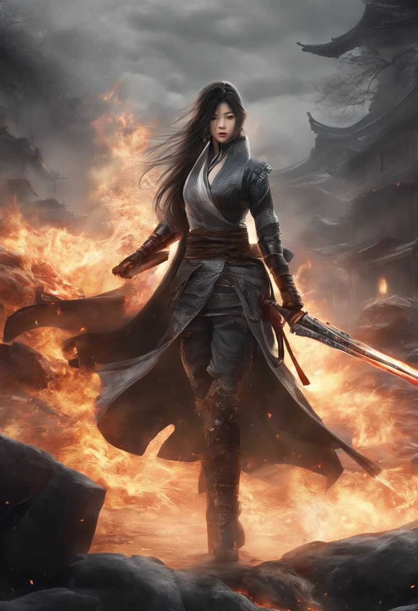 Best quality,masterpiece,ultra high res,(photorealistic:1.4),xiuxian,hyper-realistic fire effect,detailed face,
1girl,long sword,long hair,cleavage,high slit,(fiery aura:1.2),fire magic,beautiful girl,glowing eyes,full body,chinese architecture,heavy snow,combat,battlefield,blood-stained,heavy fighting in background,wuxia,