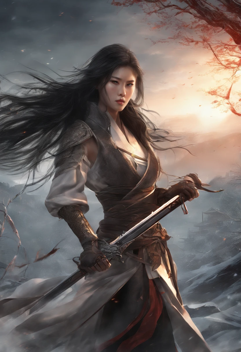Best quality,masterpiece,ultra high res,(photorealistic:1.4),xiuxian,hyper-realistic fire effect,detailed face,
1girl,long sword,long hair,cleavage,high slit,(fiery aura:1.2),fire magic,beautiful girl,glowing eyes,full body,chinese architecture,heavy snow,combat,battlefield,blood-stained,heavy fighting in background,wuxia,