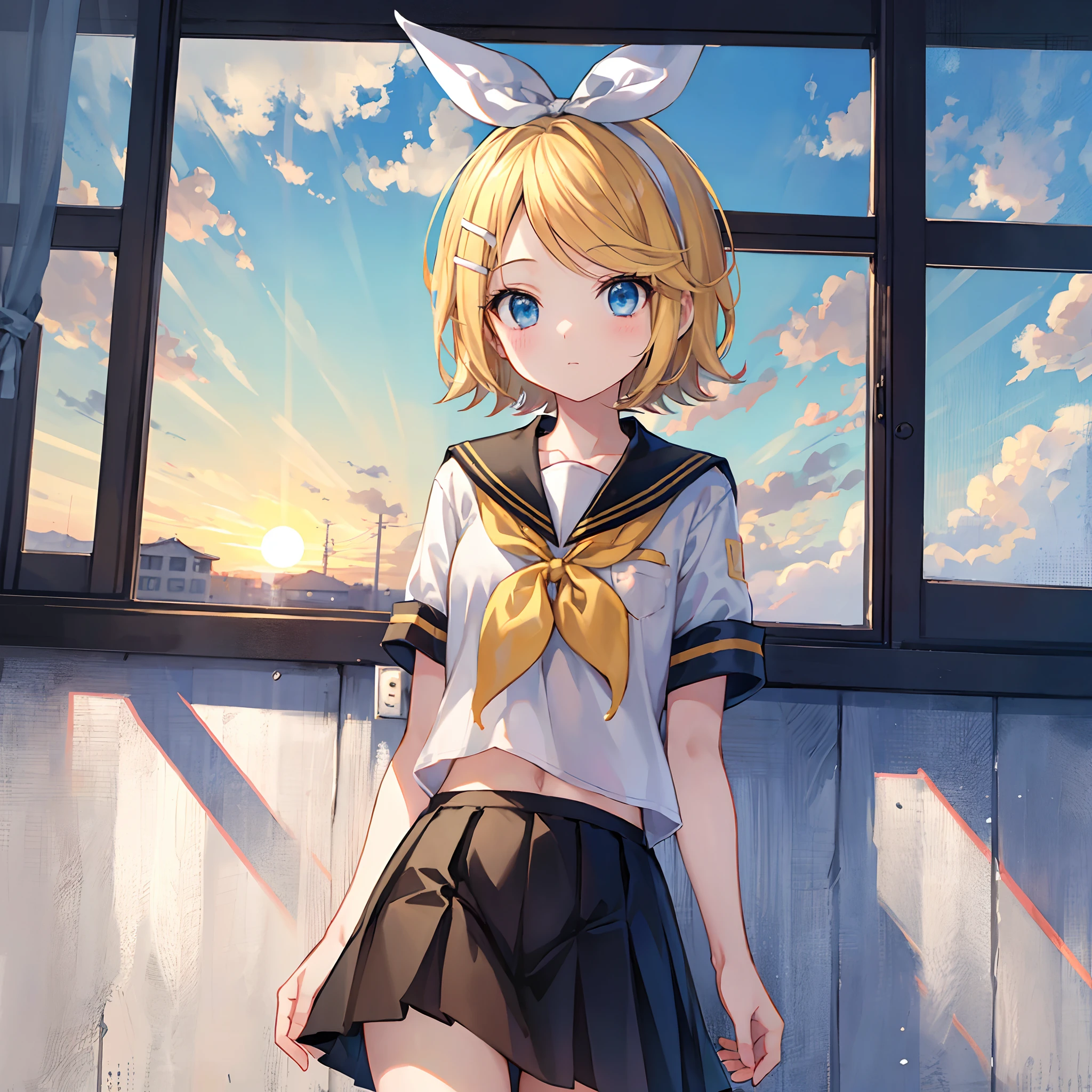 Kagamine Rin , por rubio , coletas 、ojos rojos、Hermosa chica sola、quimono、una minifalda、aula de escuela 、sentado en pupitre , luz de atardecer (entrando por la ventana , cortinas que se mueven un poco con el viento