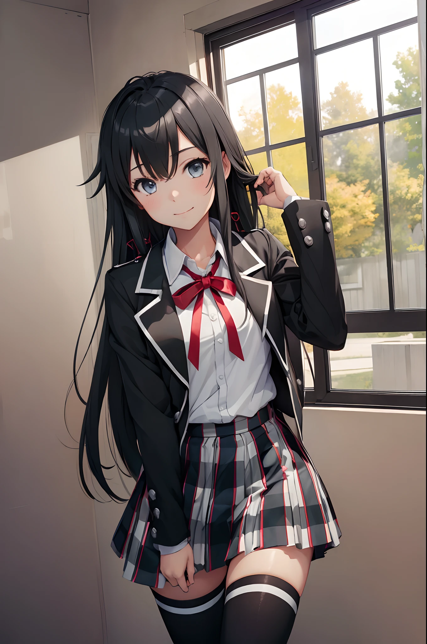 (masterpiece, best quality:1.2), cowboy shot, solo, 1girl, yukinoshita yukino, smile, closed mouth, looking at viewer, school uniform, black jacket, plaid skirt, thighhighs