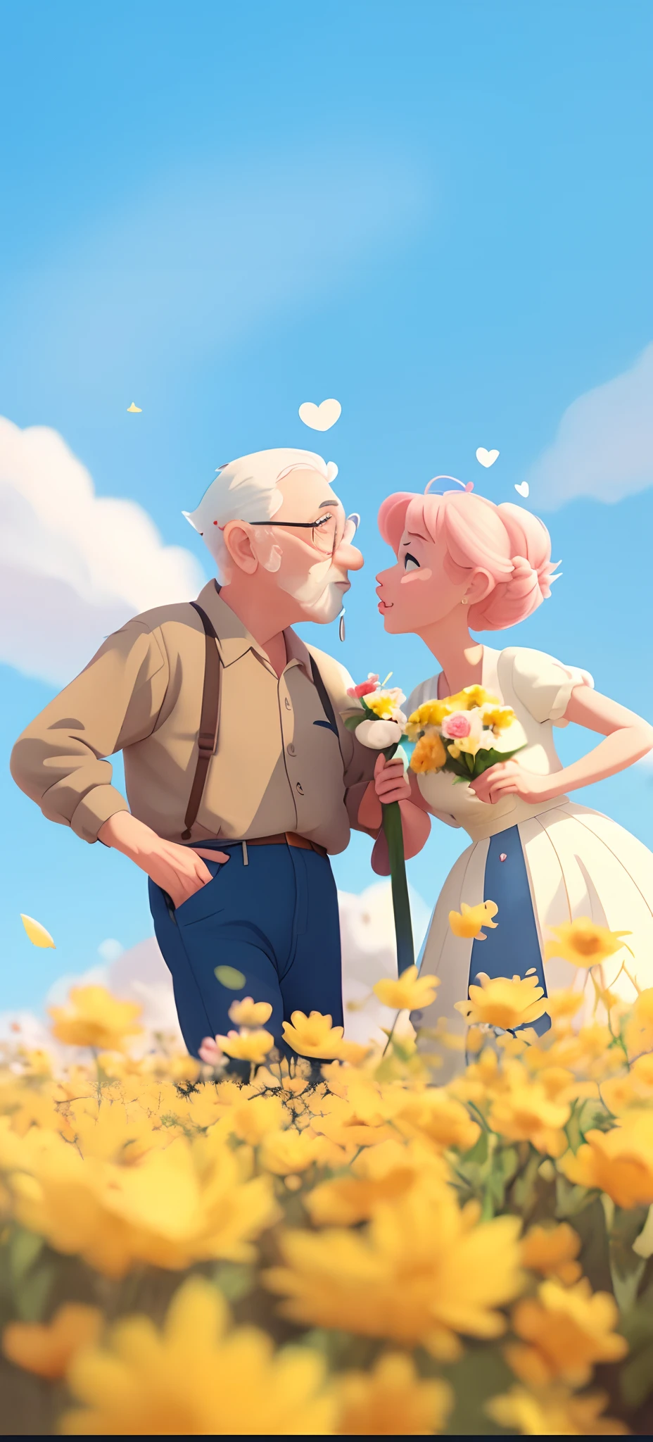 Cartoon elderly couple kissing each other in a flower field, pinkdress,Blue denim top,concept art of love, Animated Movies, digital cartoon painting art, Animated Movies, atey ghailan 8 k, animated movie still, cartoon digital painting, Cartoon concept art, style of disney animation