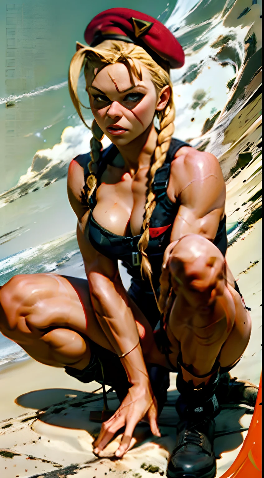 (high quality, best render), (beautiful girl, pamela anderson as cammy), (SF2CW, pin-up style), hot, floss, perfect body, fitness, blonde, two long braids, elaborate hair, deserted beach, almost naked, psychopath, crazy face, body facing forward, squatting, legs spread, light green leotard, red beret, combat boots, pastel, center, scales to fit dimensions, camel toe,