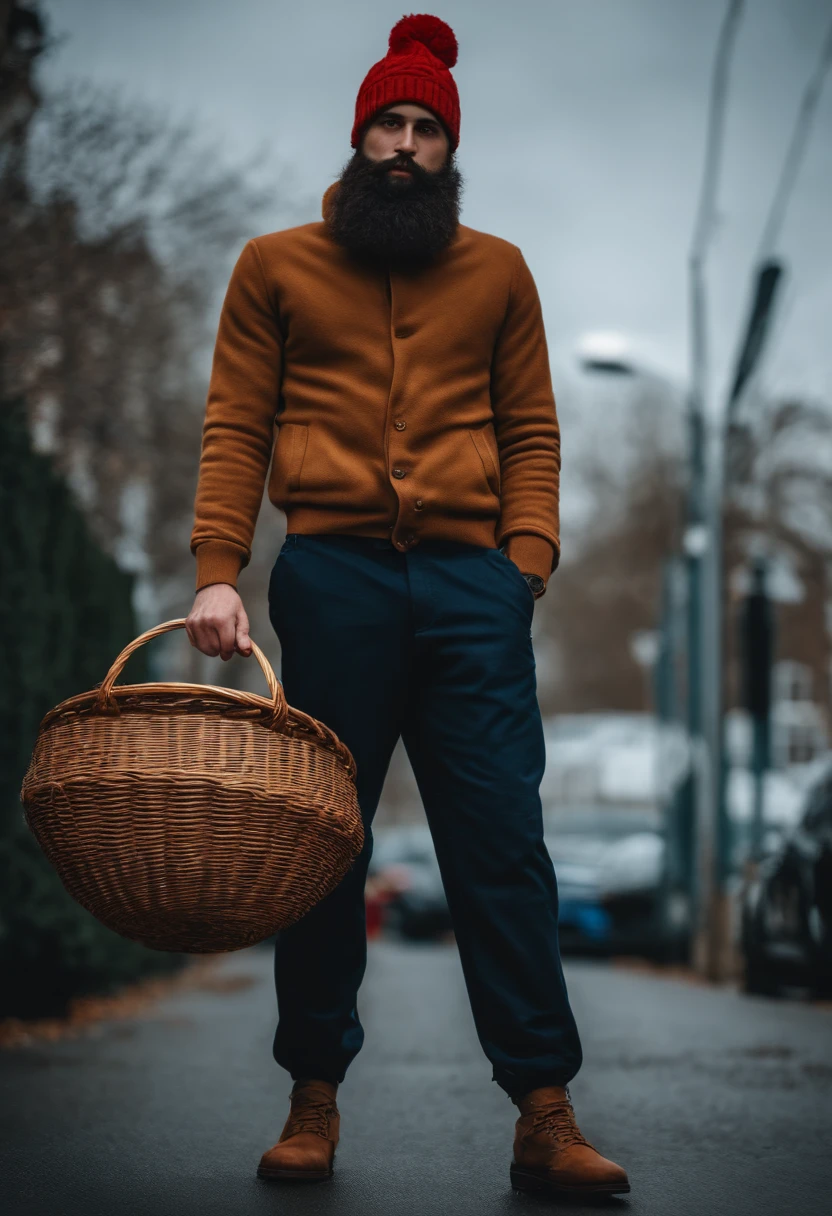 Gros homme, 24 ans, monocle, bonnet, grande barbe, Debout, Corps entier, photographie, Rue sombre, 8k, realism, winter clothes, basket-ball
