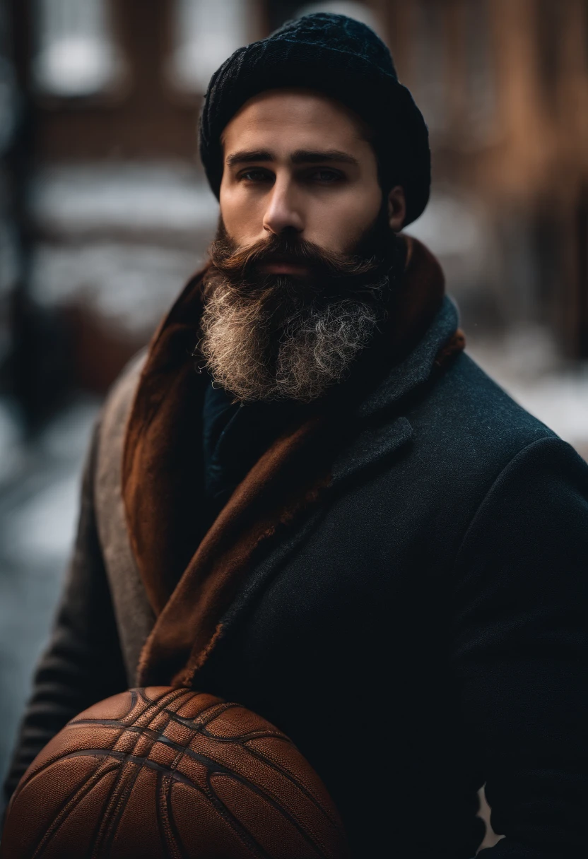 Gros homme, 24 ans, monocle, bonnet, grande barbe, Debout, Corps entier, photographie, Rue sombre, 8k, realism, winter clothes, basket-ball