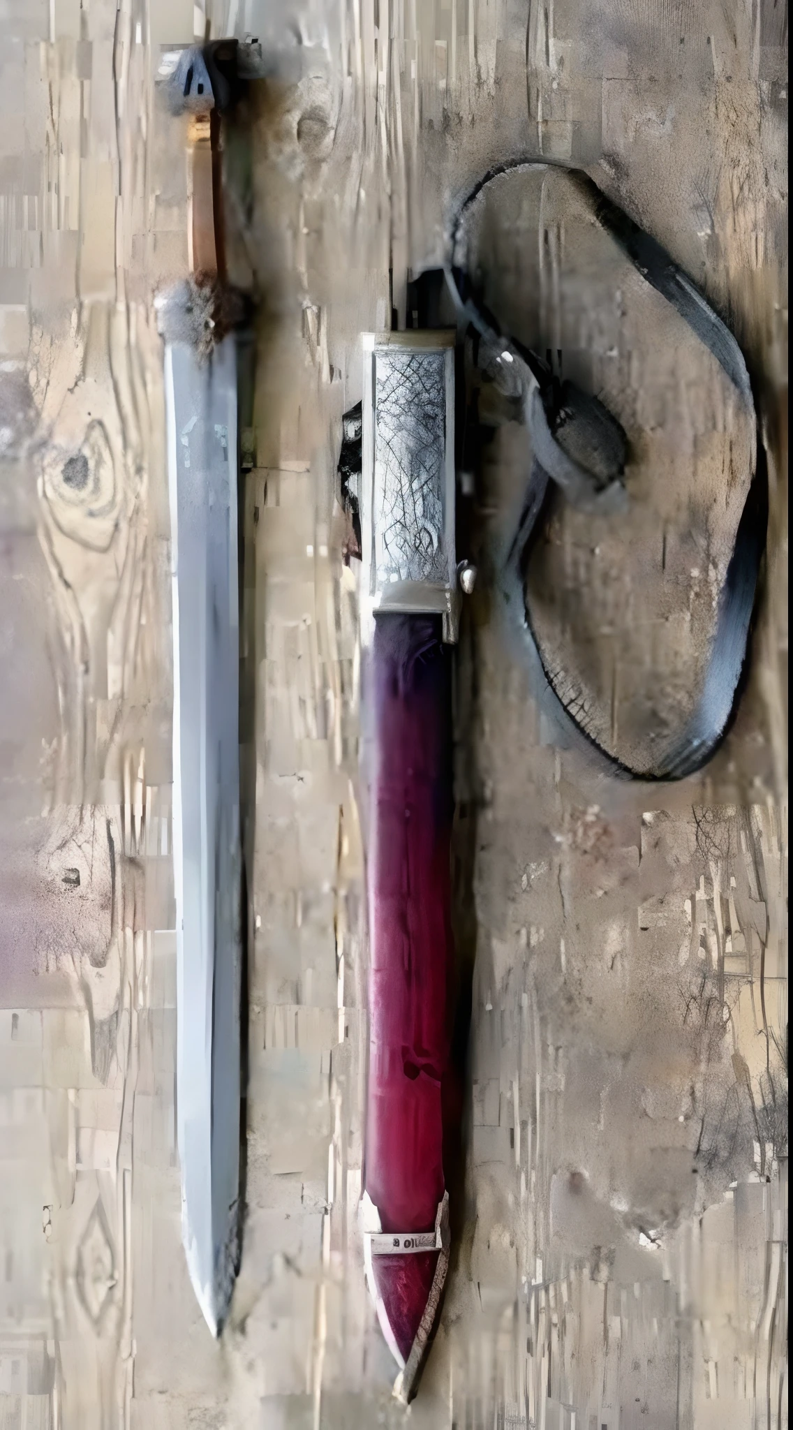 there is a knife and a knife holder on a table, armed with edged weapons, holstering sword, of a old 18th century, orkish sword, large sword, chainsword in the other, jiang sword, medieval sword, of a old 17th century, katana scabbard, medieval weapon, broad sword, engraved blade, ligtt sword