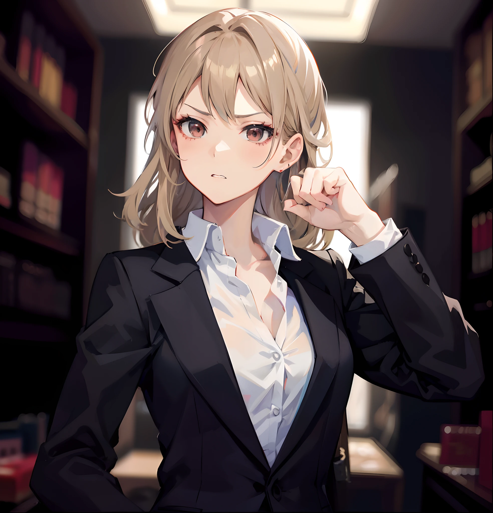 anime - style image of a woman in a suit, anime artstyle, painted in anime painter studio, digital anime illustration, detailed digital anime art, best anime 4k wallpaper, high detailed official artwork, girl in a suit, made with anime painter studio, anime art, female lawyer, looking to her right, angry, Brown eyes, long hair, no bangs, shouting, tight sleeve