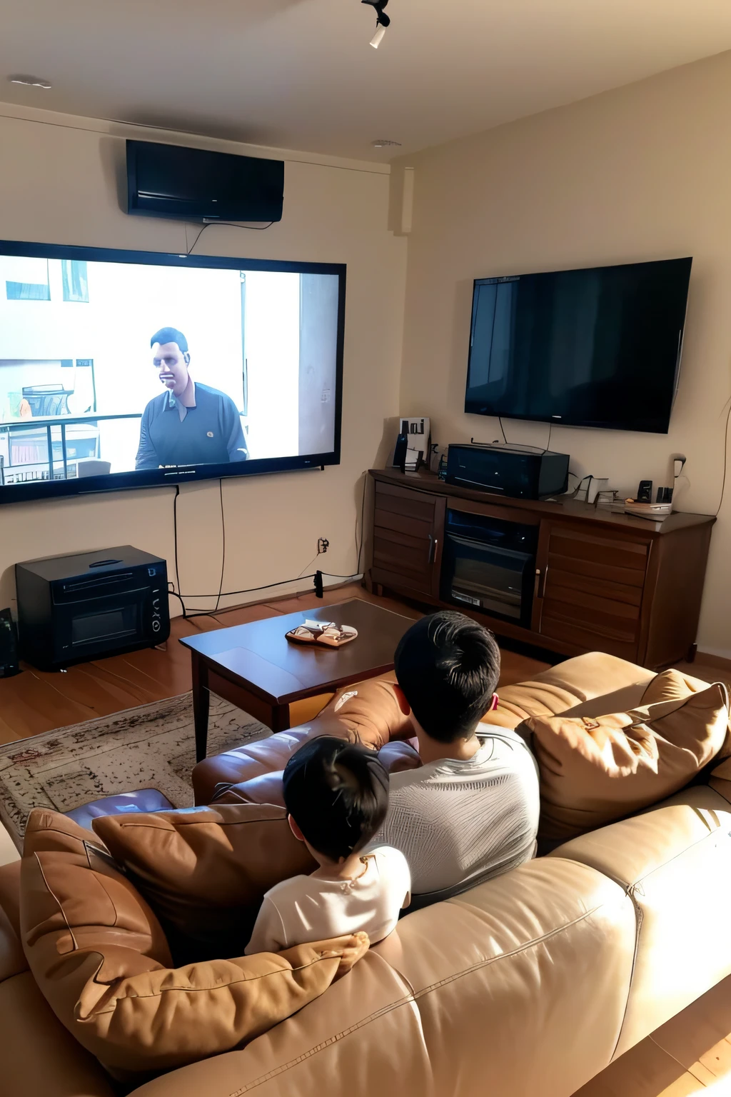 Large living room on the ground floor,The father and his son sat on a big sofa,There were our favorite pizzas and beers on the front table and football matches on a big TV