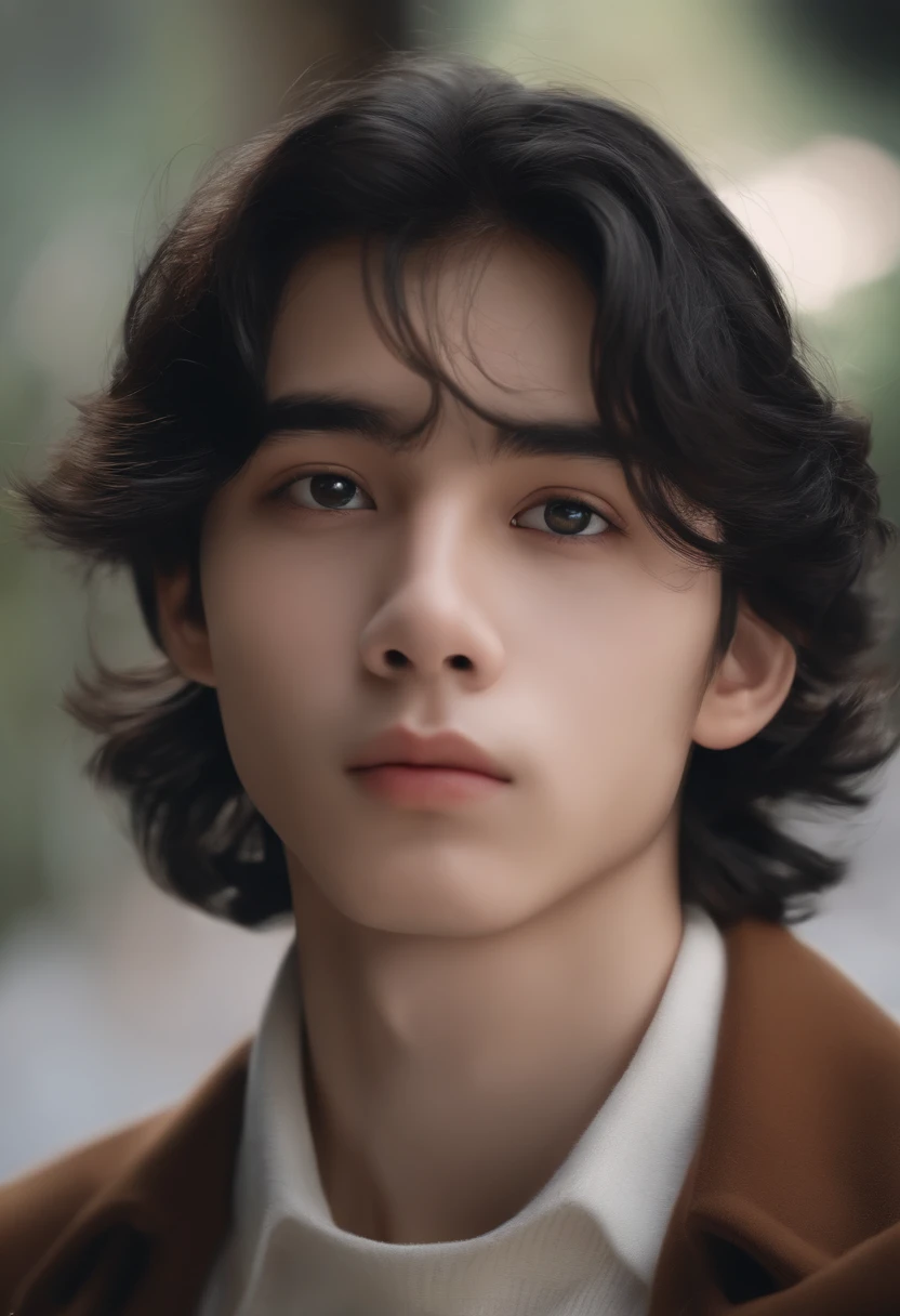 (best quality,4k,8k,highres,masterpiece:1.2),ultra-detailed,realistic,portrait,beautiful young man of 14 years old,black disheveled hair,black eyes,long eyelashes,cute face,white turtleneck
