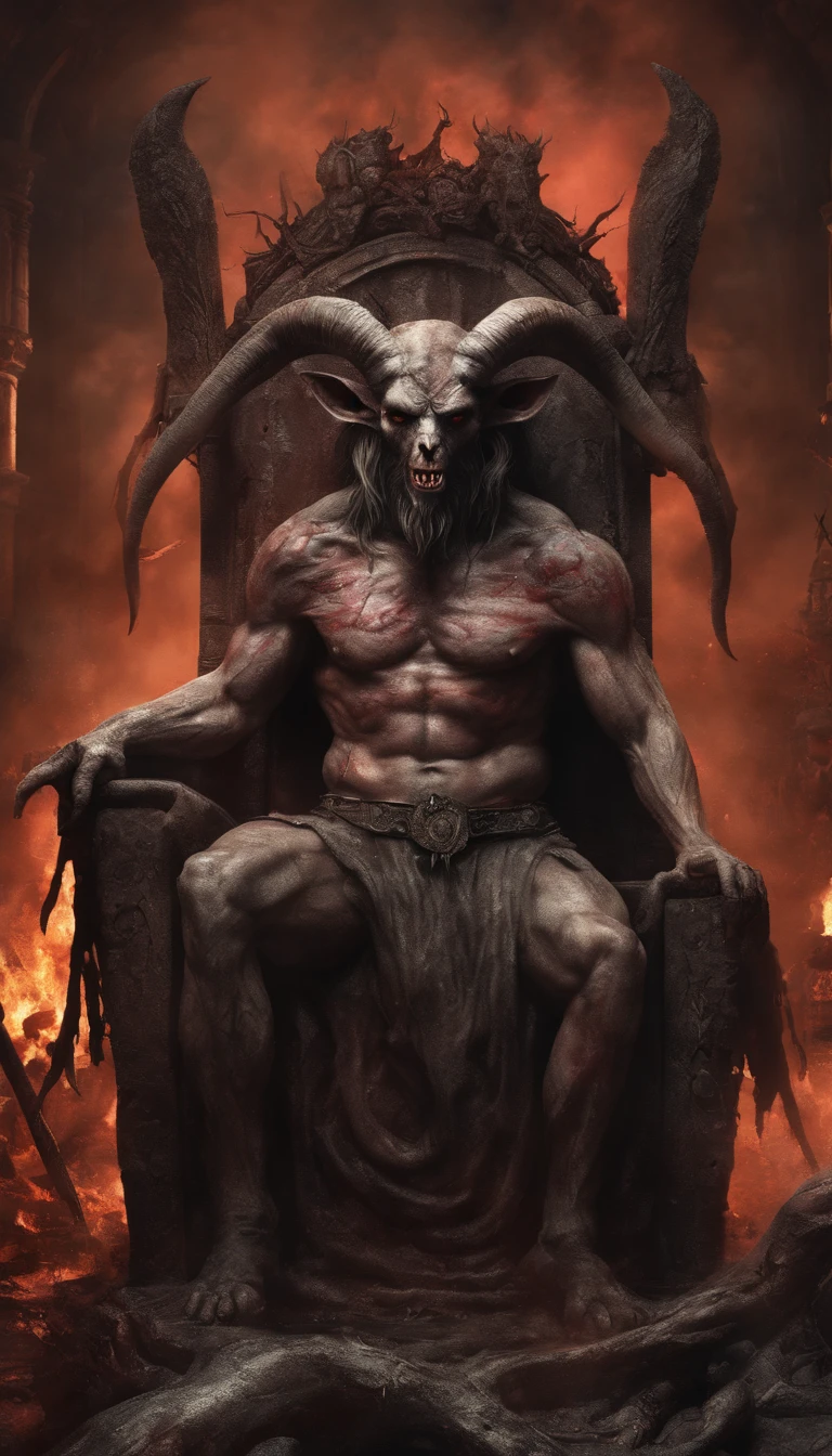 Baphomet sitting on his throne in hell with bloodied ground