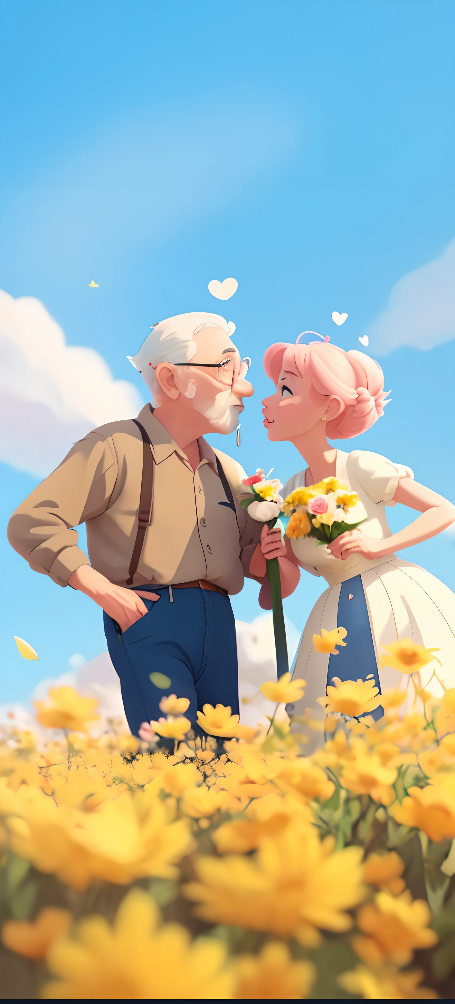 Cartoon elderly couple kissing each other in a flower field, pinkdress,Blue denim top,concept art of love, Animated Movies, digital cartoon painting art, Animated Movies, atey ghailan 8 k, animated movie still, cartoon digital painting, Cartoon concept art, style of disney animation