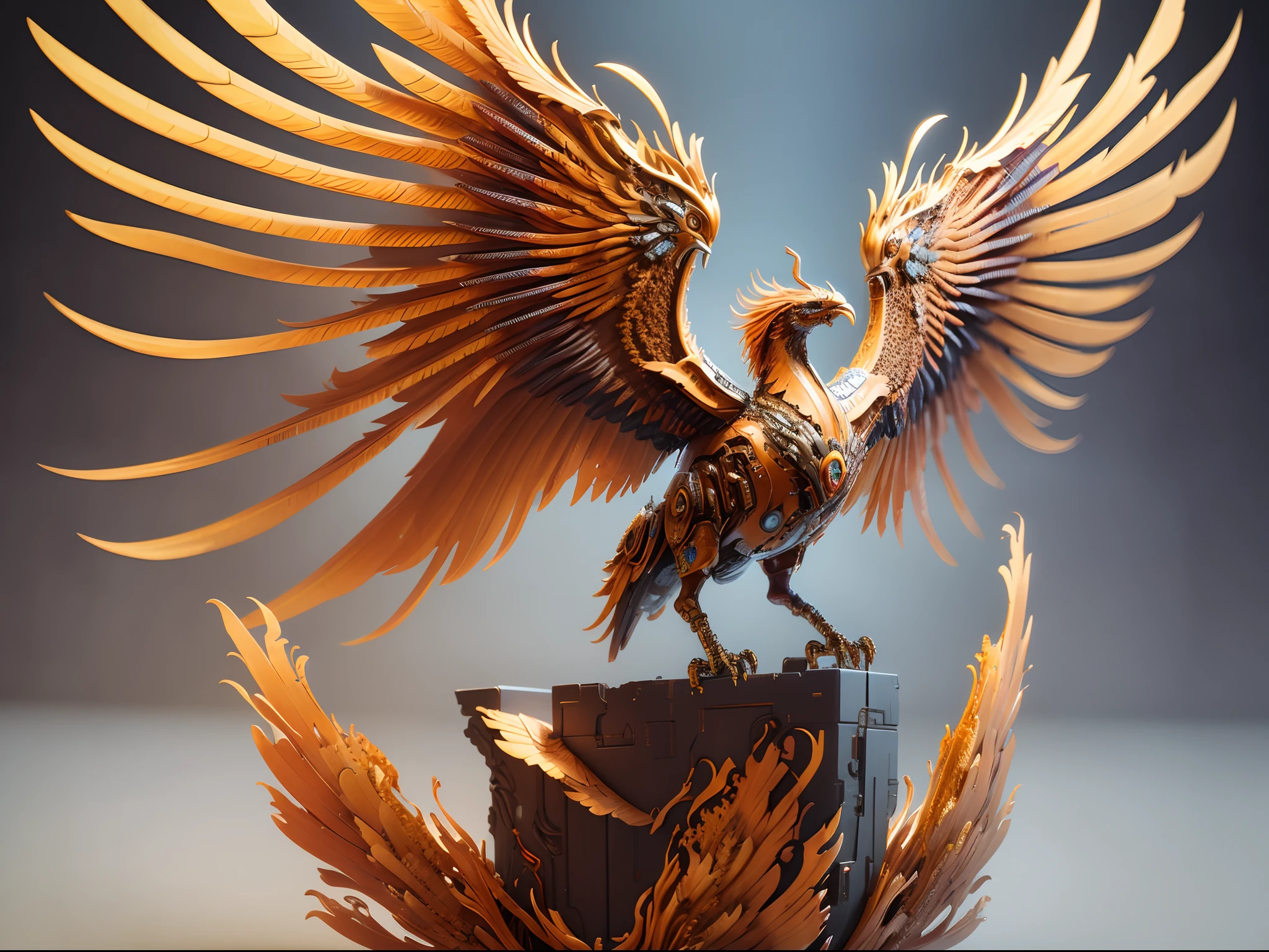 A Mechanical Phoenix with fine structures, UHD, textured skin, anatomically correct, super detail, high quality, high details, masterpiece, highres，cyber punk perssonage，Confidential instruments，Gear structure，Wings of Steel