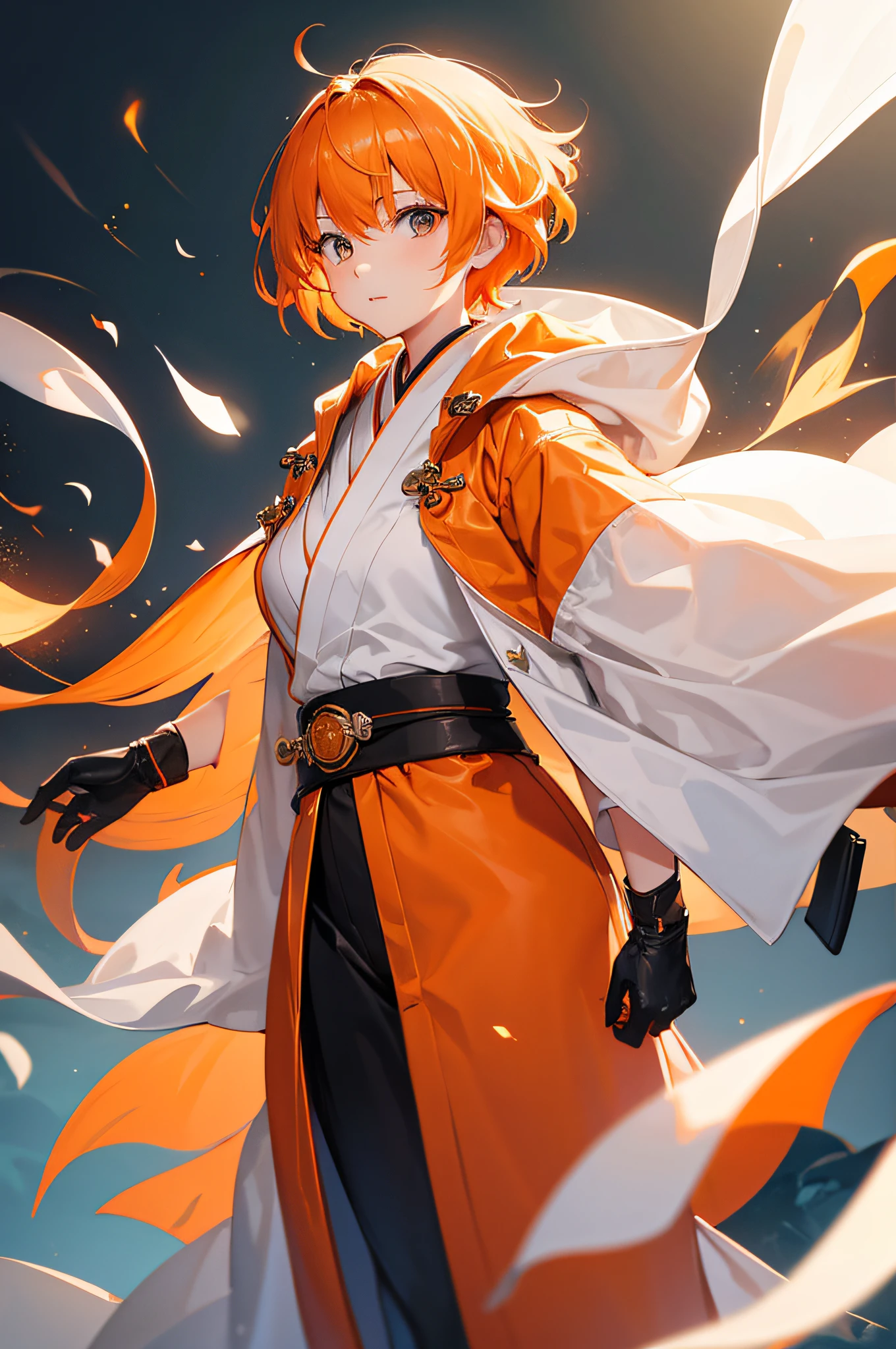 4k,hight resolution,One Woman,White orange hair,Shorthair,Long white kimono,Orange military coat