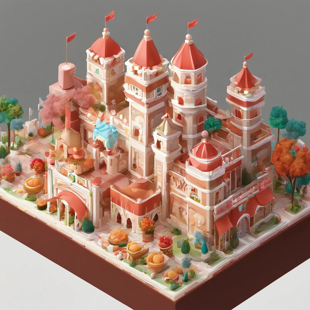 Fruit castle,There are chocolates,Cupcakes,Cookie,Confectionery,Fruit as a garnish, Clay material, Cartoon design style, pop mart, Soft lighting, Smooth lines, tilt shift lens, Detailed science fiction illustration, Hyper-realistic details, warm color