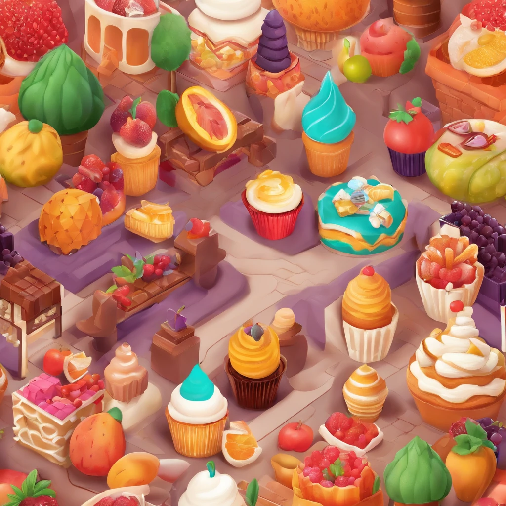 Fruit castle,There are chocolates,Cupcakes,Cookie,Confectionery,Fruit as a garnish, Clay material, Cartoon design style, pop mart, Soft lighting, Smooth lines, tilt shift lens, Detailed science fiction illustration, Hyper-realistic details, warm color