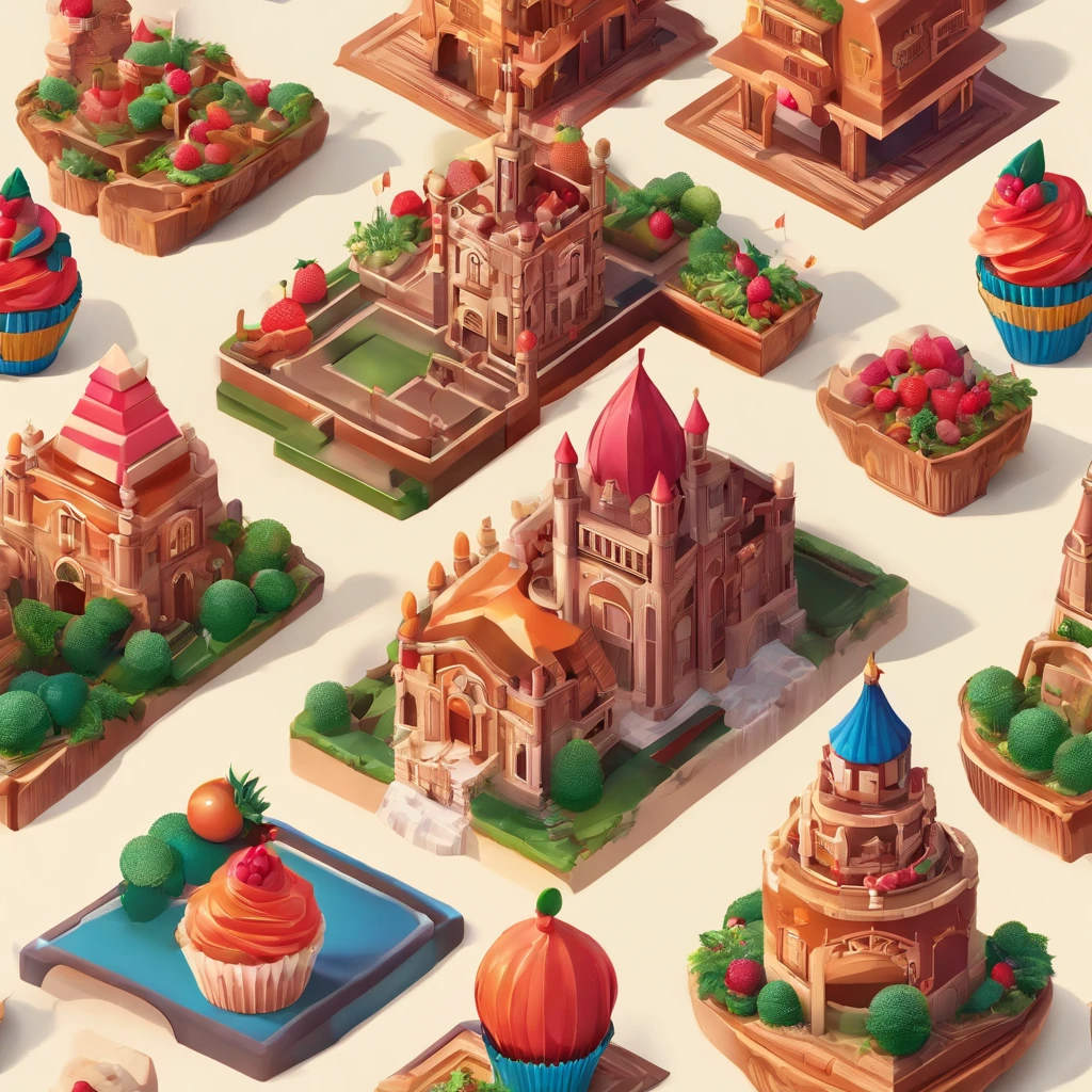 Fruit castle,There are chocolates,Cupcakes,Cookie,Confectionery,Fruit as a garnish, Clay material, Cartoon design style, pop mart, Soft lighting, Smooth lines, tilt shift lens, Detailed science fiction illustration, Hyper-realistic details, warm color