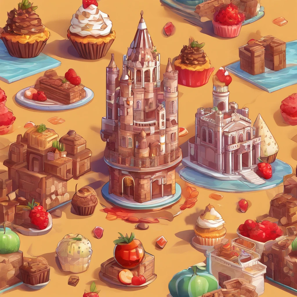 Fruit castle,There are chocolates,Cupcakes,Cookie,Confectionery,Fruit as a garnish, Clay material, Cartoon design style, pop mart, Soft lighting, Smooth lines, tilt shift lens, Detailed science fiction illustration, Hyper-realistic details, warm color