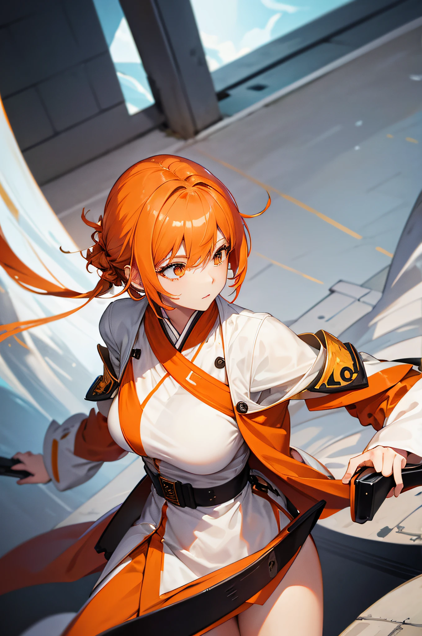 4k,hight resolution,One Woman,White orange hair,Shorthair,Long white kimono,Orange military coat