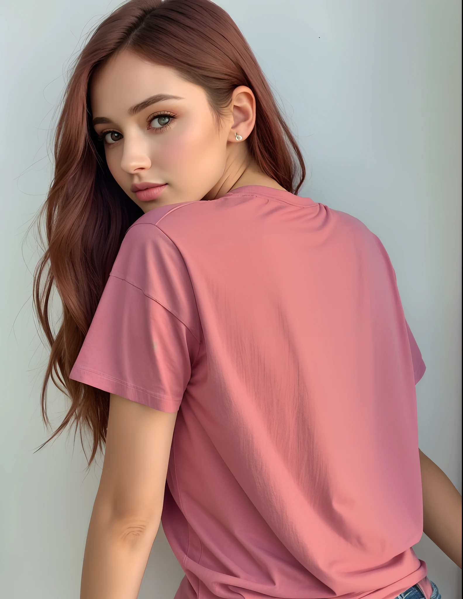 mulher arafed com longos cabelos ruivos encostados a uma parede, camisa rosa, roupas cor-de-rosa, rosa desbotado, Roupas rasgadas, graphic tees, Retrato Sophie Mudd, cor desbotada, roupas casuais, vestindo uma camiseta, mangas curtas, 2 Modelo feminina de 4 anos, T - Camisa, camiseta, voltar - ver, modelo posando, pia sadie