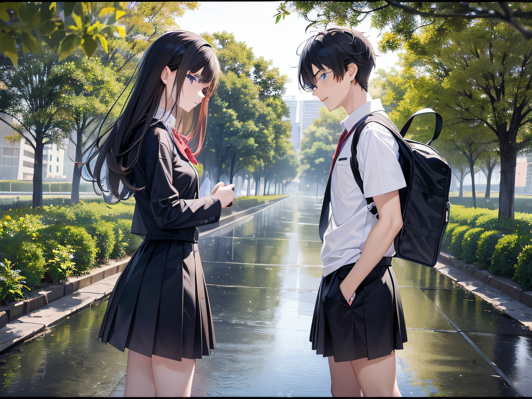 Uniform Pants(1 girl: 1.5), (1 boy: 1.5), (Two people: 1.5), // Anime boy with black short sleeves, // Anime girl in uniform, Handbag with blue eyes, beautiful anime high school girl, Black hair, Street, (Maple: 1.1), campus