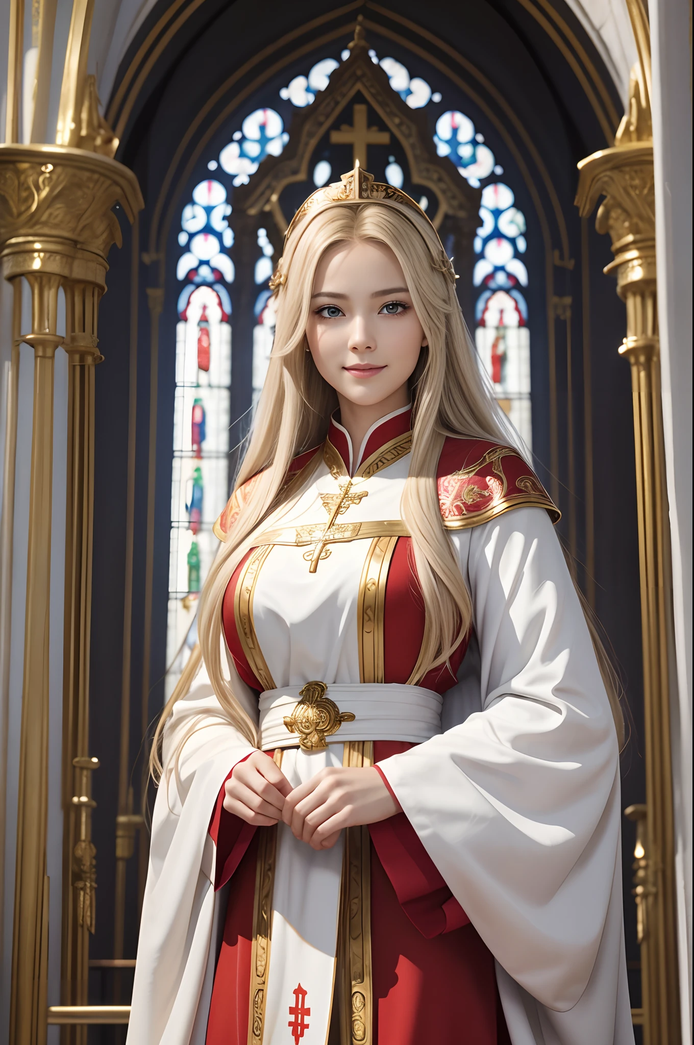 8K、Photorealistic RAW photos of the highest quality。1.4) (Mature saint 1 person) Super beauty(lifelike face) Big-breasted saint,Wearing red and white sacred robes Silver staff with golden decorations Long blonde hair and blue eyes Smiling clergy Beautiful appearance、White costume of the saint、Golden decoration inside the church,超A high resolution,super realistic skin,