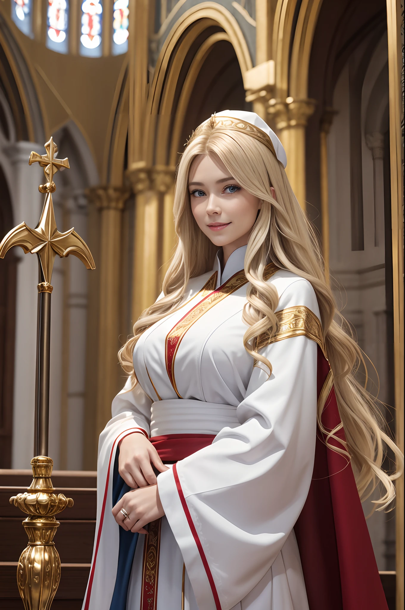 8K、Photorealistic RAW photos of the highest quality。1.4) (Mature saint 1 person) Super beauty(lifelike face) Big-breasted saint,Wearing red and white sacred robes Silver staff with golden decorations Long blonde hair and blue eyes Smiling clergy Beautiful appearance、White costume of the saint、Golden decoration inside the church,超A high resolution,super realistic skin,