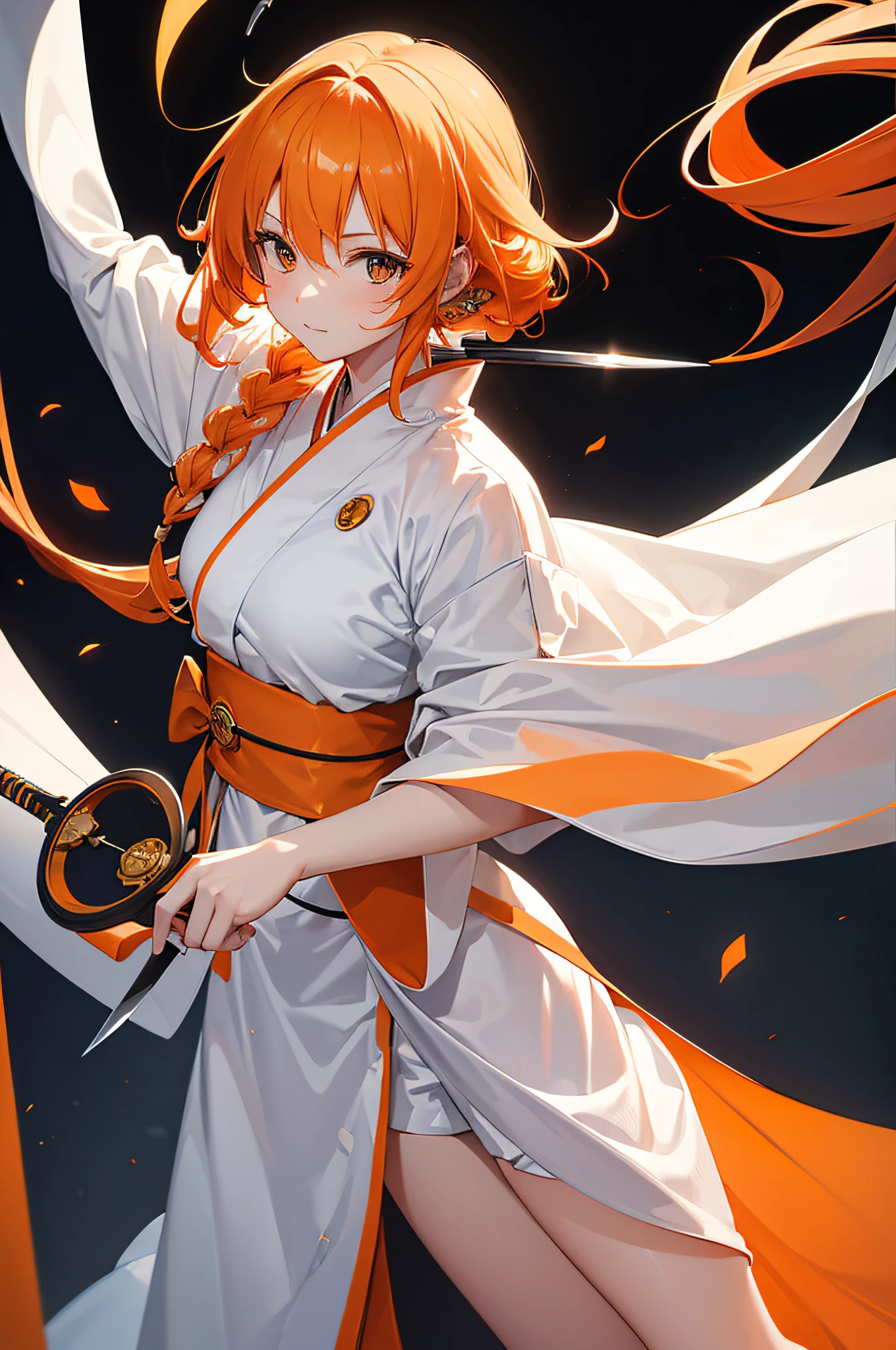 4k,hight resolution,One Woman,White orange hair,Longhaire,Long white kimono,Orange military coat,knifes