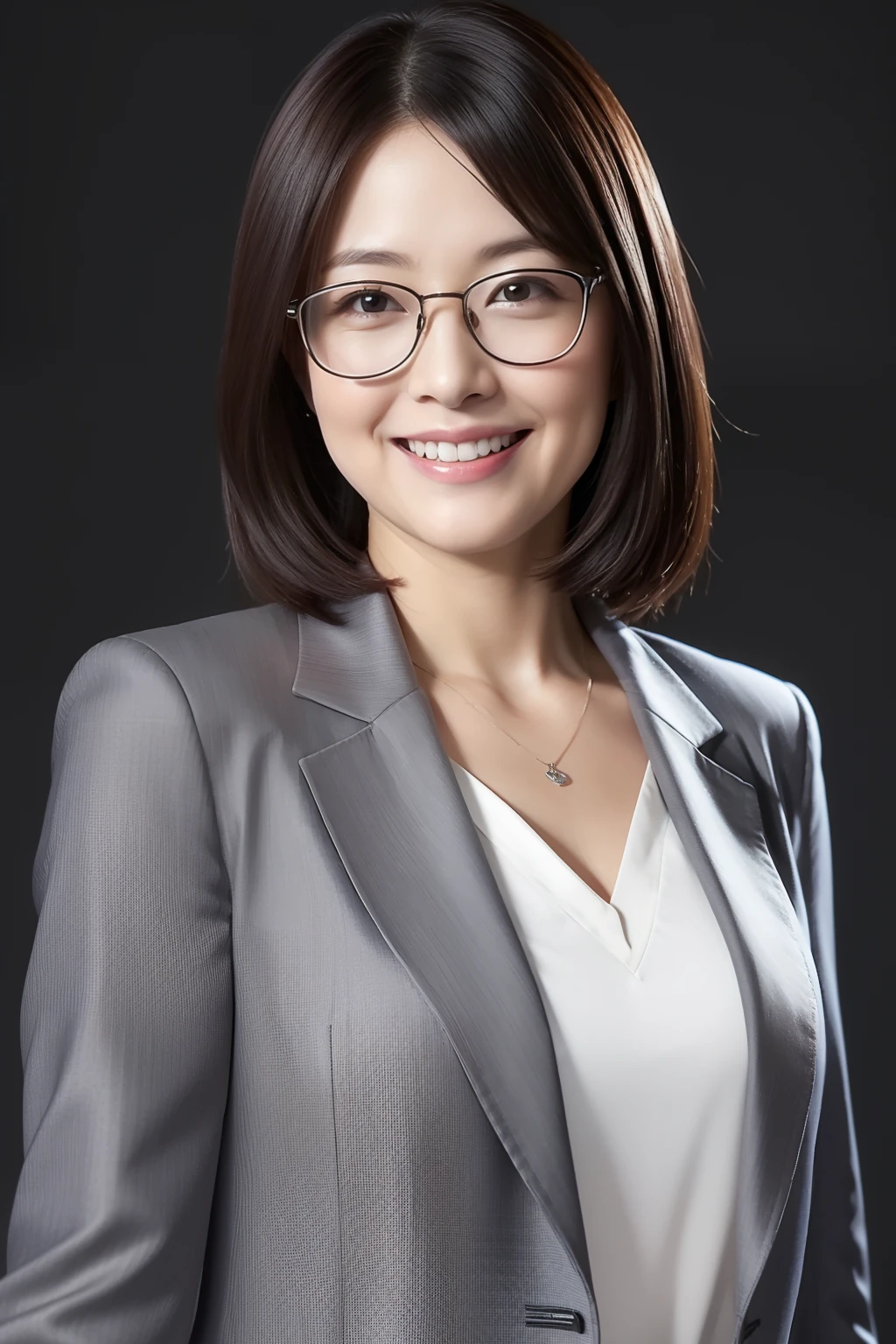 masutepiece, Photorealsitic, Best Quality, intricate and delicate, 8k wallpaper, top-quality, masterpiece, realisitic, ultra-detailliert, 1人の女性, (1), Beautiful woman at 40 years old, (Facing the front), bilaterally symmetrical, (Look at viewers), Dynamic lighting, (Middle shot), Gray blazer, white shirt, (Smile), (Open mouth), ((Looking at Viewer)), Glasses with thin metal frames, beautiful hairl