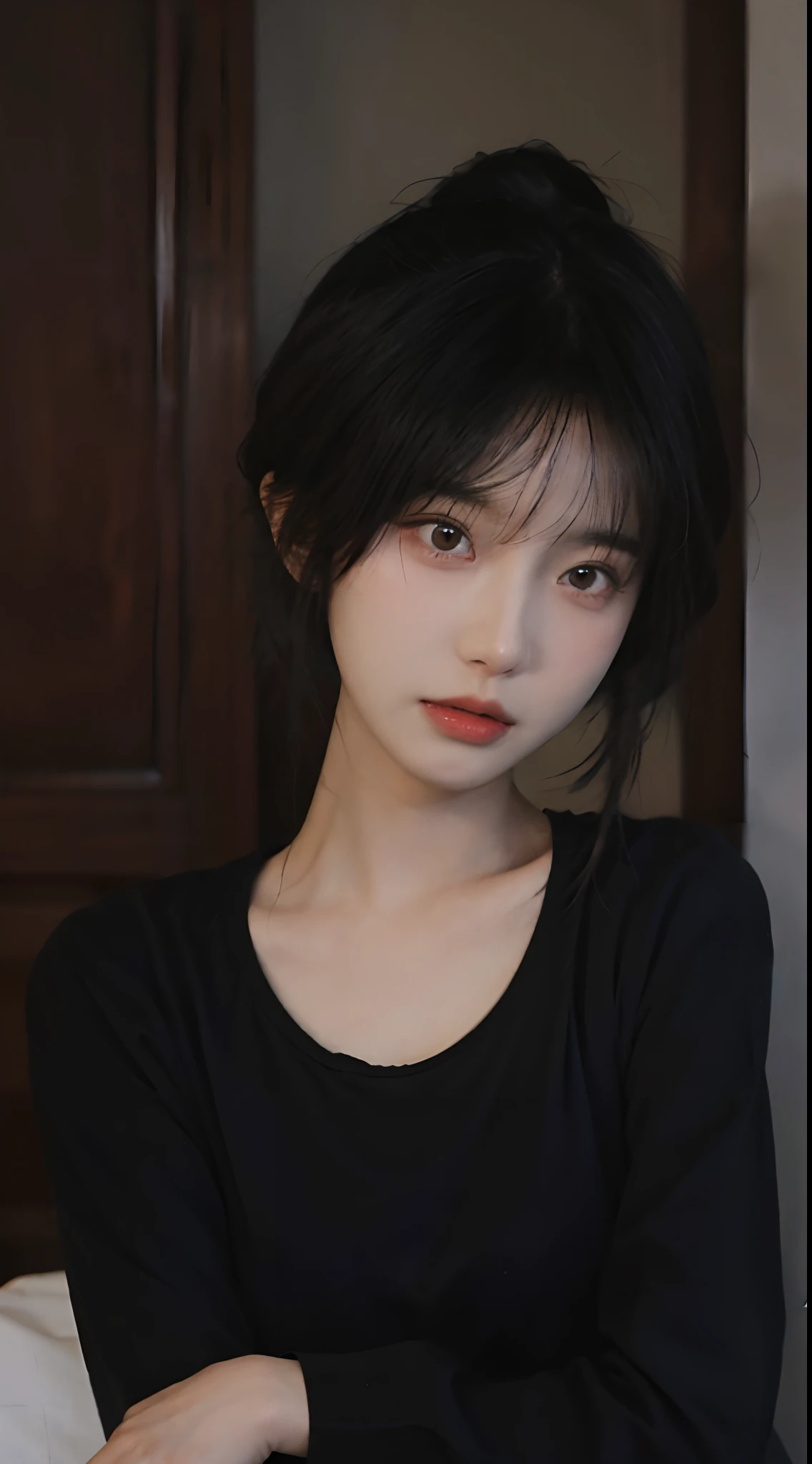 best qualtiy，tmasterpiece，超高分辨率，（realisticlying：1.4），a close up of a woman with long black hair wearing a black dress, Cai Xukun, gorgeous chinese models, Gorgeous young Korean woman, beautiful Korean women, yanjun cheng,  xintong chen, ruan jia beautiful!, Beautiful young Korean woman,
