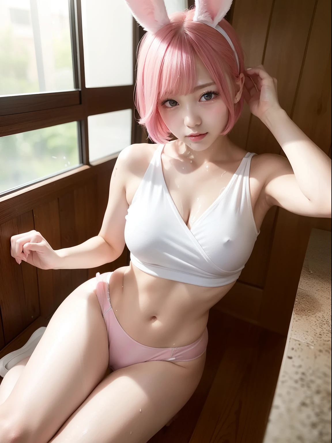 Pink hair、Super Sento Sauna、Sit in the sauna、Work up a sweat in the sauna、sauna、Enter the sauna、fullnude、fullnude、Wrap a white cloth around your chest、Wrap a white towel around your chest、Pink short cut hair、Pink short cut hair,(8K, top-quality, masterpiece:1.2), (realisitic, Photorealsitic:1.37), ultra-detailliert, 1 girl in, full body Esbian, (Adjusted hair:1.5) cute little、独奏、(A smile:1.15)、(Mouth closed)、tiny chest、Eyes in Beautiful Details、(short-hair:1.2)、Floating Hair NovaFrogStyle、masuter piece、Pink Shortcut Bob、Realistic rabbit ears、Pink realistic rabbit ears、Realistic ears of rabbits sticking out of the head、Pink hair、Beautiful girl in her 20s、Bewitching atmosphere、Beautiful shaped hands、K-POP、Pink rabbit ears、1 girl in、独奏、masterpiece、top-quality、realisitic、Hyper-detailing、(Sweaty skin:1.4)、absurderes、short pink hair、Slender beauties、动态照明、hight resolution、foco nítido、depth of fields、(thick thight:1.0)、A slender :1.2,((Short-cut bob hair))、((k pop:1.3)),Highly detailed facial and skin texture、((魅惑的)),Anatomically correct number of fingers,Correct anatomy、Dripping sweat、Wearing sweat、