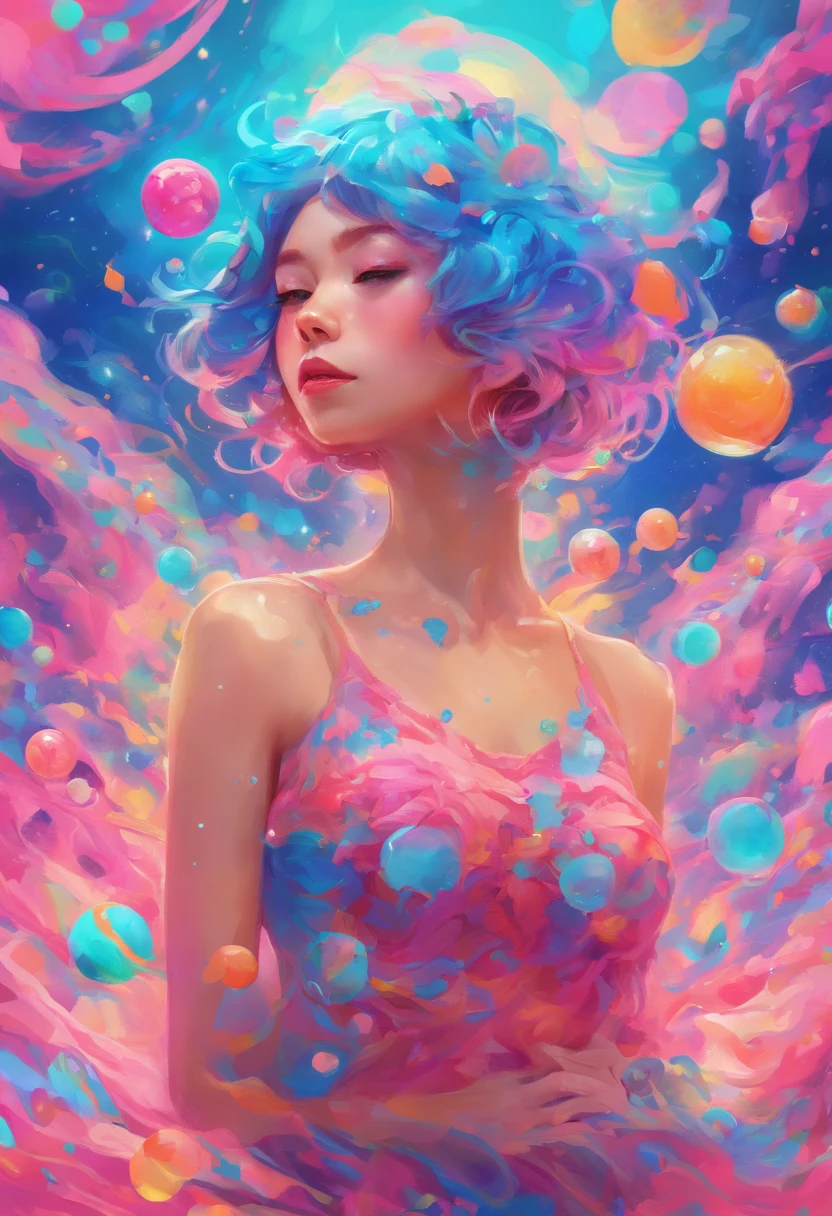 ((top-quality, 8K)), (Realistic), (Face Focus: 1.1), (blue and pink: 1.3), Kawaii Girl, short-hair,
Hair fluttering in the wind, Facing to the side, Look up at your face, Eyes closed, (Sleeveless: 1.1)、Skirt, D Cup Breasts, Countless soap bubbles,