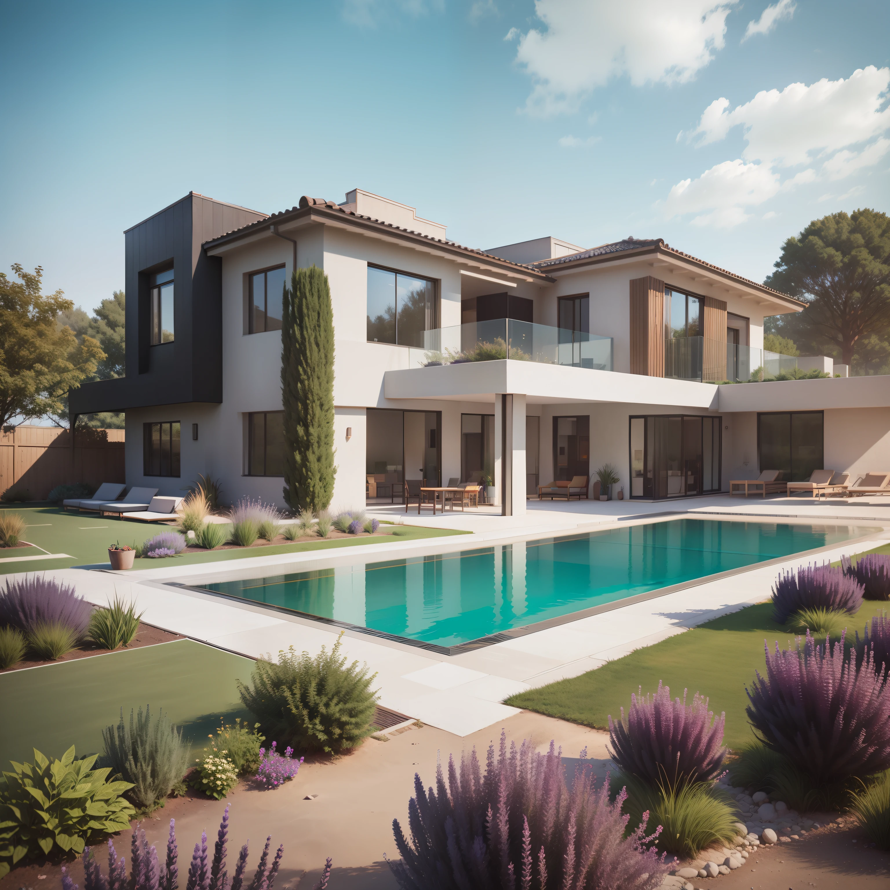 Organic modern architecture on a fairly large plot, From , there is a swimming pool in the middle of a large house of a flower, color of the house in chocolate brown and black beams, large modern residence, flat roofs and garden, render luxcore, render oktane, photoreal render, building rendering, mantra rendering, building rendering, Realistic rendering, archviz, wellness pool, archviz, large green zones, with small zones of lavender flowers, green shrubs type lush green garden, as well as small water mirrors, swimming pool embedded in an area of sand, olive and pine trees around the house, paddle court next to the house